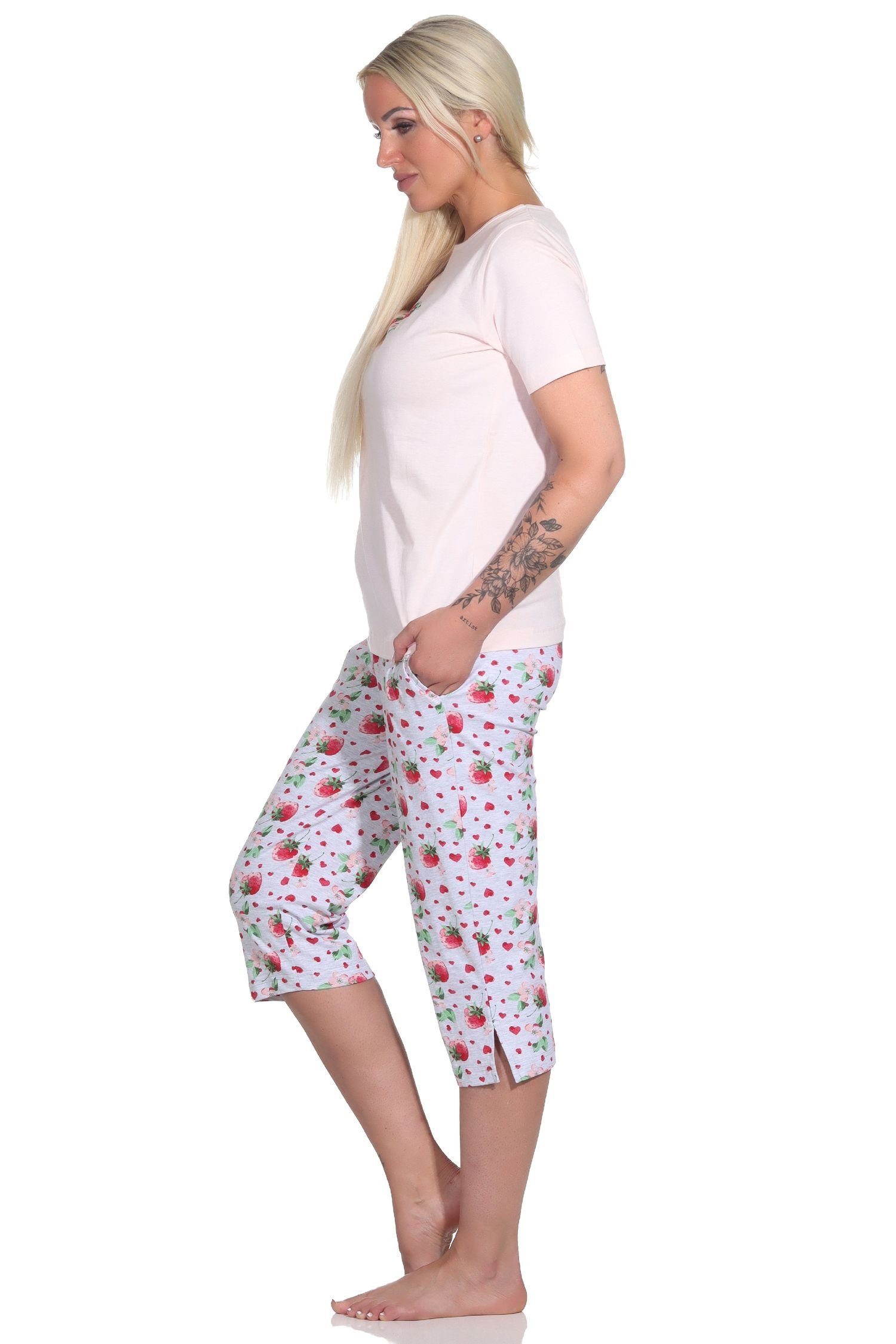als Süsser Damen Capri rosa Motiv Pyjama Normann Erdbeeren Schlafanzug mit kurzarm