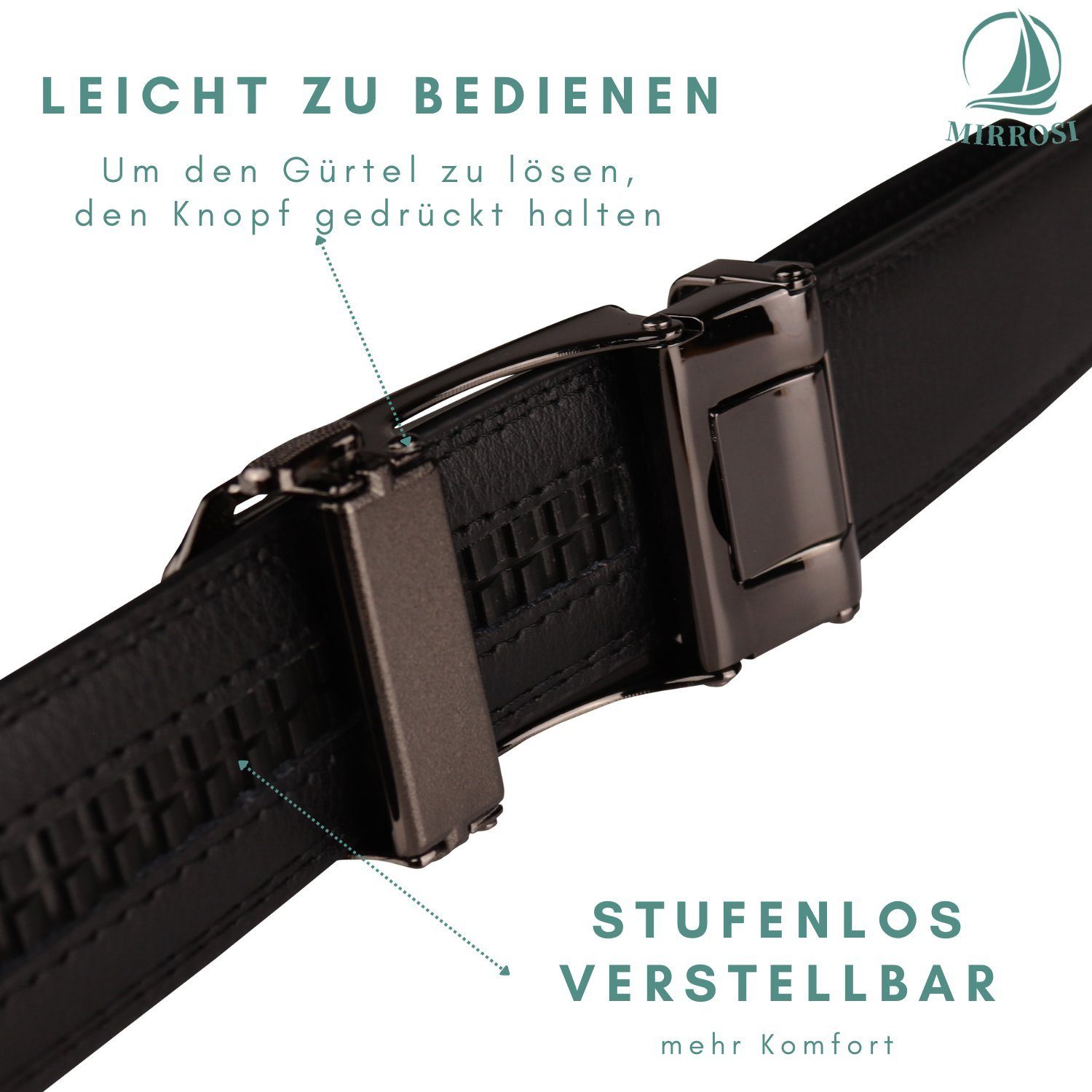 Verarbeitung Ledergürtel Herren Anzug Leder Breit 03 Automatik 38mm, Kürzbar aus für Geschenk Perfektes Männer MIRROSI Business Hochwertige Schwarz
