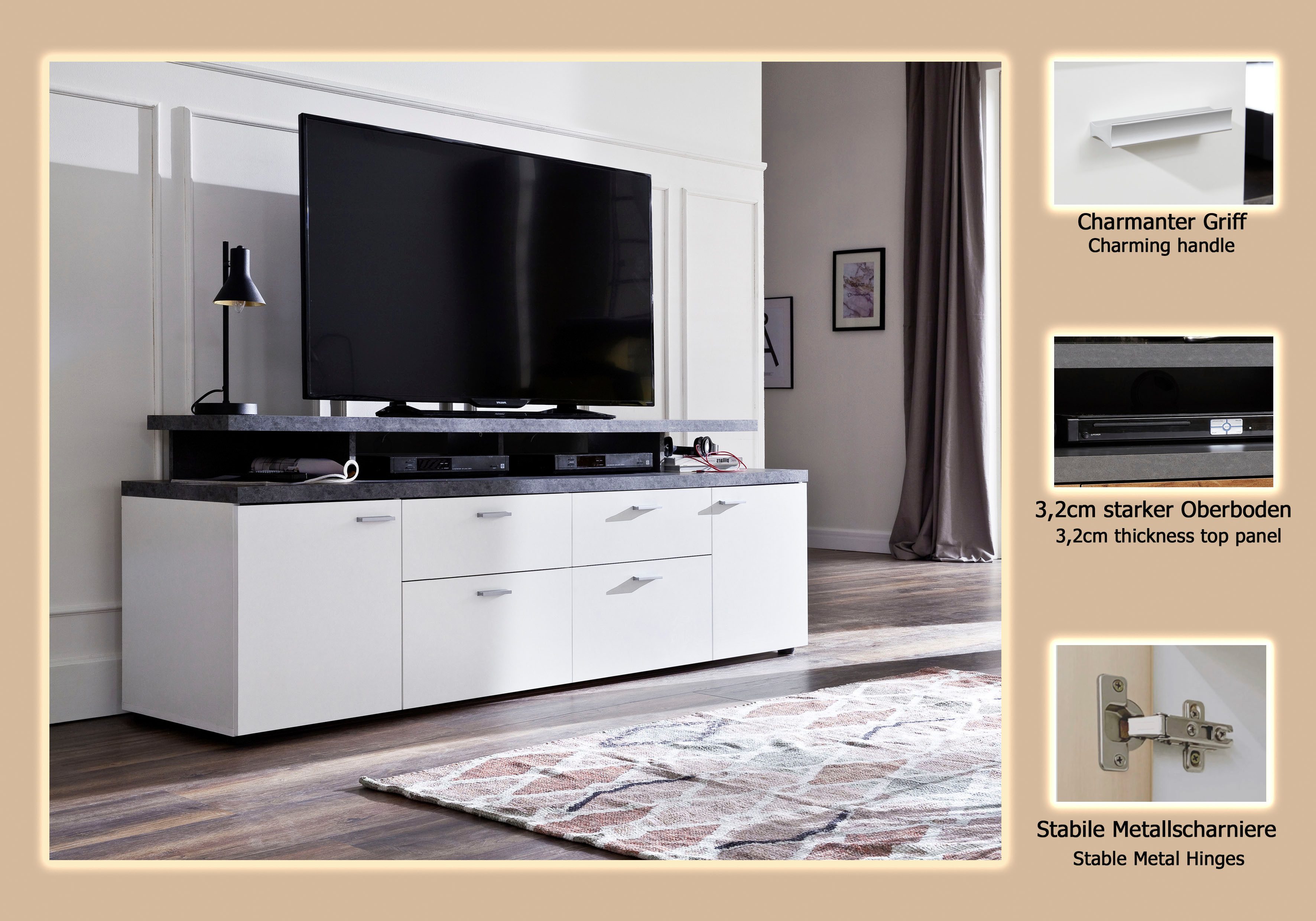 Home affaire TV-Board Messina (1 St), TV-Lowboard mit Türen, Schubladen & Fächern - (B/T/H) 180/47/66 cm – Bild 4 von 5