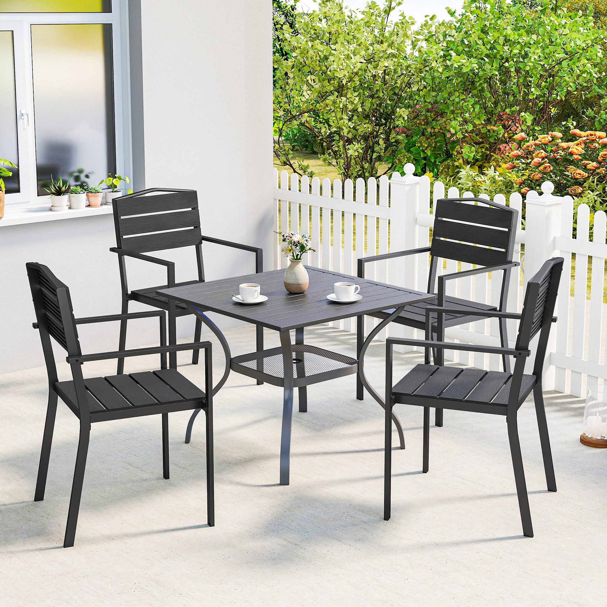 Outsunny Gartenstuhl mit Lamelldesign, Armlehnen (Gartenstühle, 4 St), für Garten, Balkon Terrasse 52 x 51 x 90 cm Schwarz