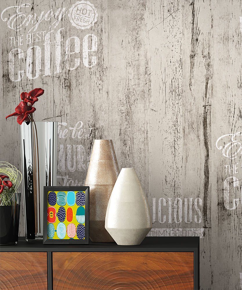 Newroom Papiertapete, Grau Holztapete Café Aufschrift günstig online kaufen