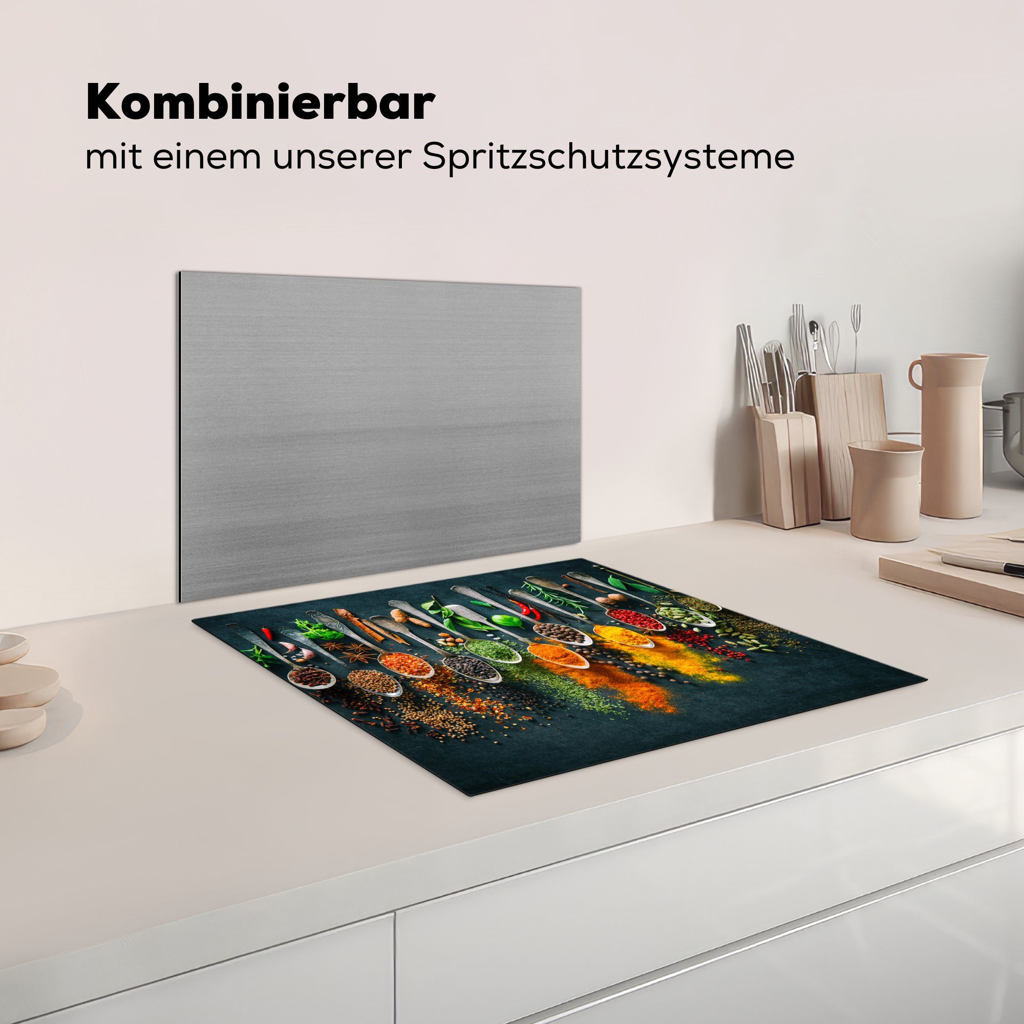 MuchoWow Herdblende-/Abdeckplatte Kräuter - - Mobile cm, 60x52 Vinyl, Ceranfeldabdeckung nutzbar, Löffel, (1 Gewürze tlg), Arbeitsfläche