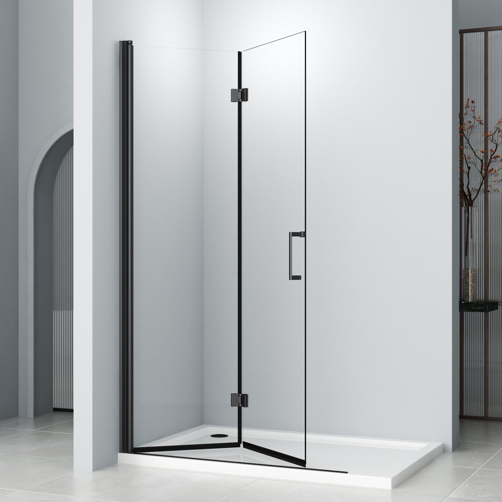 Hopibath Duschwand Walk In Dusche Schwarz Duschabtrennung 180º faltbar Nano, Sicherheitsglas, (Duschtrennwand Faltwand), 180° Drehbar, Aluprofile, Sicherheitsglas