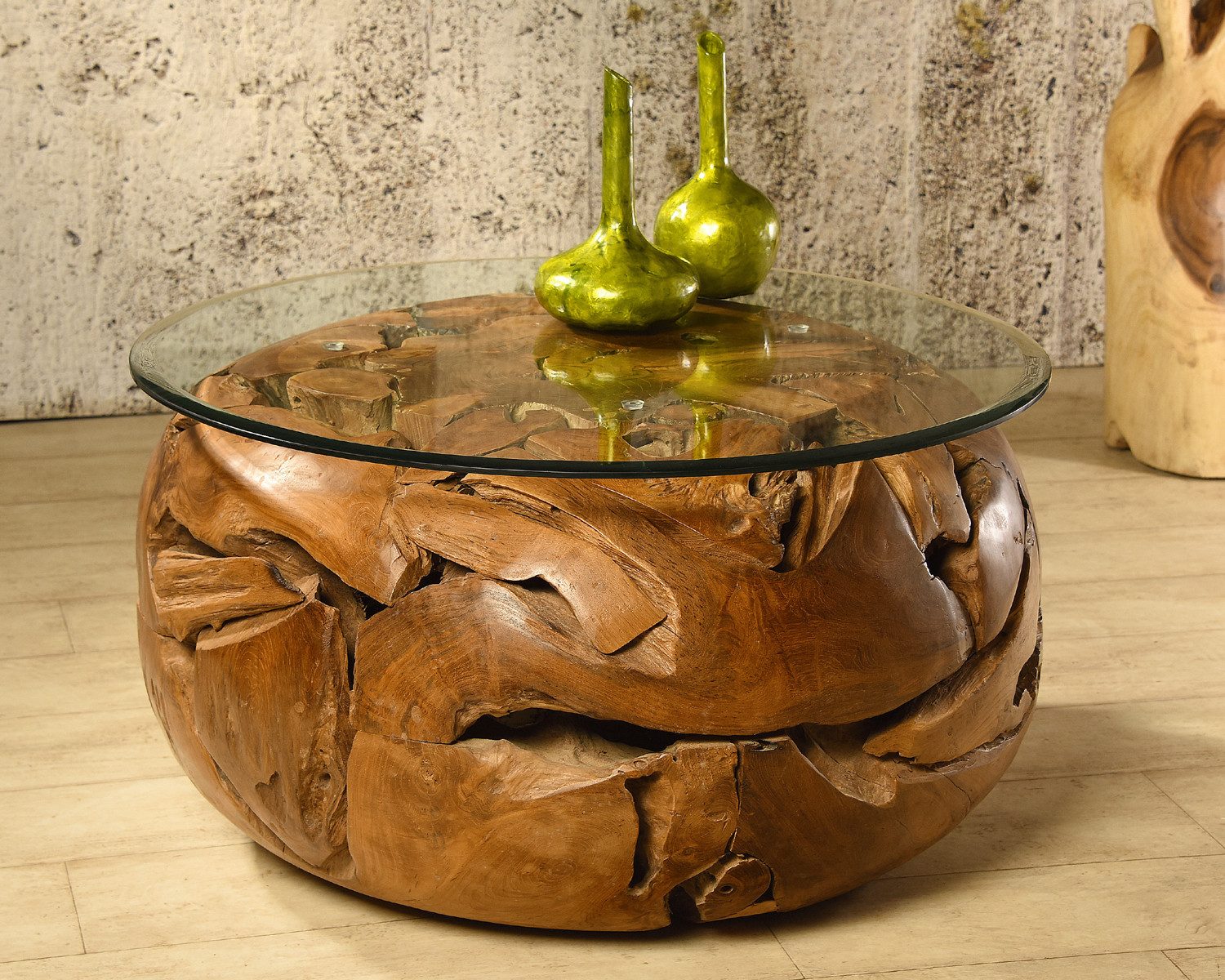 Bambus-Lounge Couchtisch Sofatisch Elements mit Glasplatte aus Teakholz Wohnzimmertisch