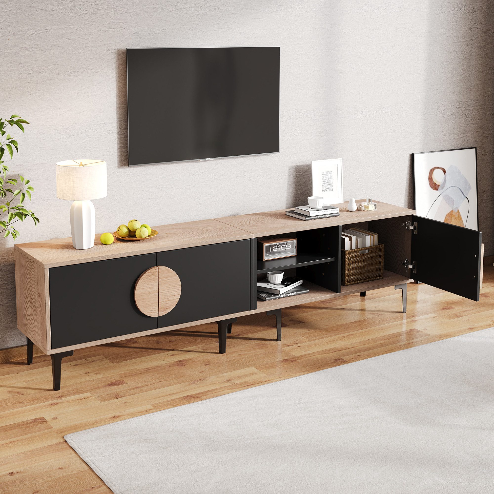 Lowboard TV-Schrank 180x35x49 cm Eiche/Schwarz mit 3 Schränken