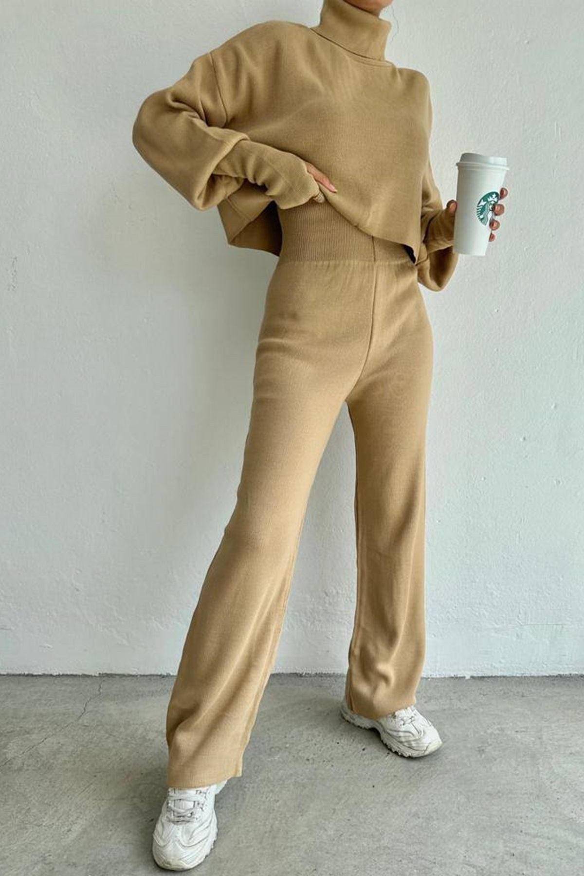 WOMAN VISION Blusentop Rollkragenpullover und hochgeschnittene Strickhose (Oberteil und Hose)