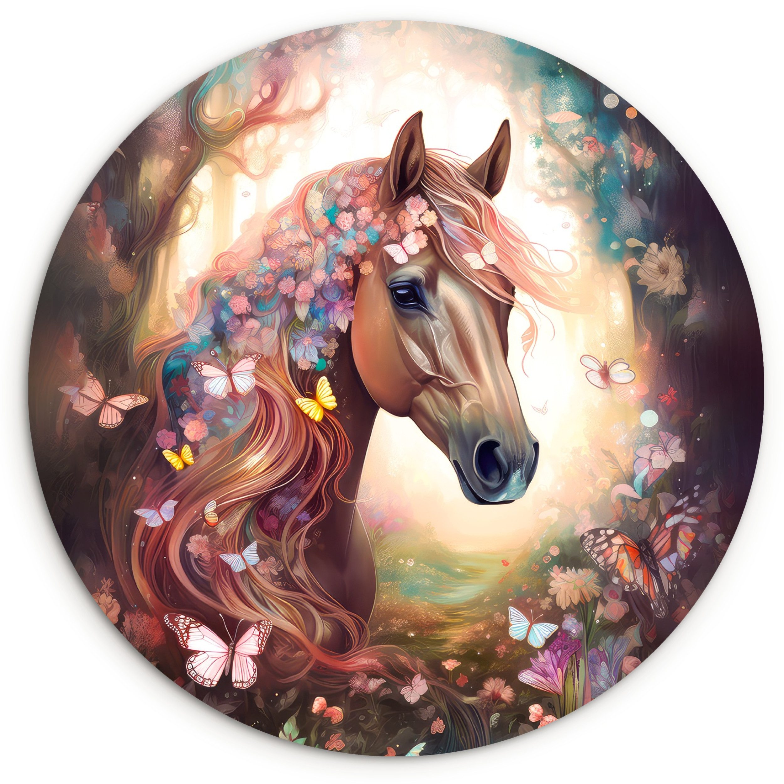 Gemälde Pferd - Natur - Blumen - Schmetterlinge - Wald