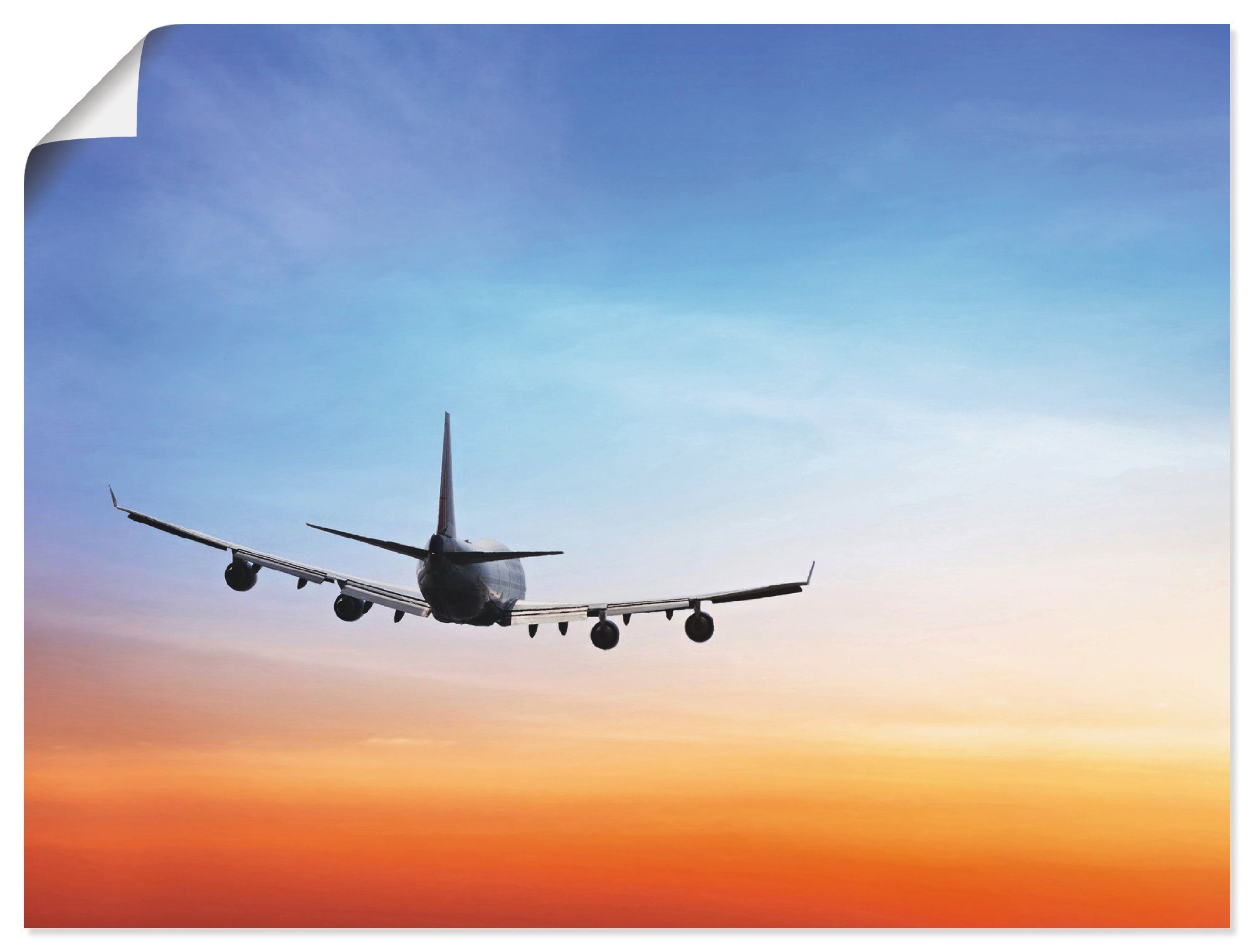 Artland Wandbild Flugzeug vor orange/blauem Abendhimmel, Flugzeuge & Helikopter (1 St), als Alubild, Leinwandbild, Wandaufkleber oder Poster in versch. Größen