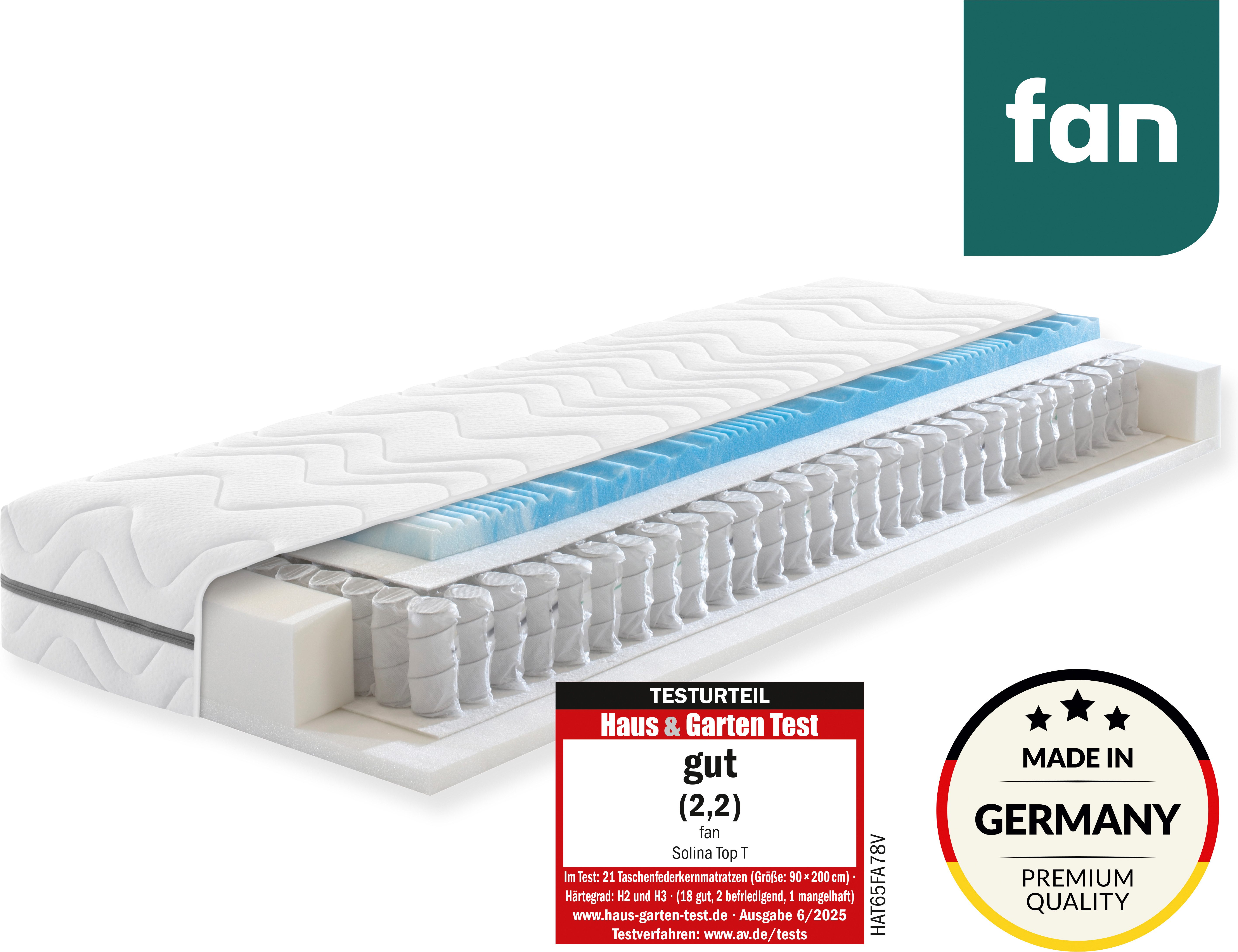 Taschenfederkernmatratze Solina Top T, 90x200 & mehr, 7 Zonen Wendematratze in 2 Härten, fan, 22 cm hoch, (1-tlg), Haus & Garten Test "GUT", getestet in Gr. 90x200, H2+H3