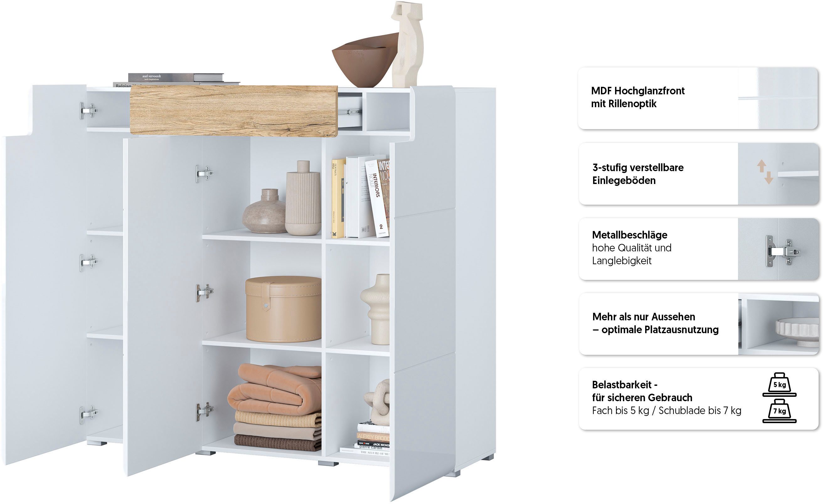 OTTO home Highboard Toledo,Breite 147,5 cm,trendige Hochkommode mit 3 Türen 1SK, Hochschrank mit viel Stauraum, stylische Hochglanzfronten