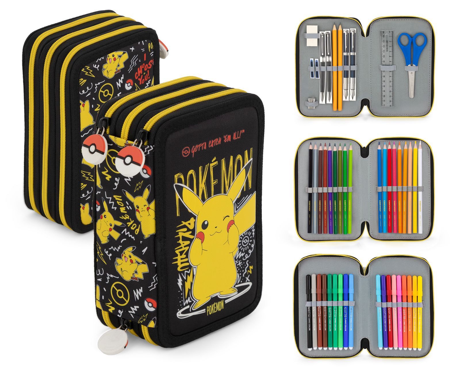 TOP! Federmäppchen Pokémon Pikachu - Mäppchen Federmappe, 42 Teile, 3-fach gefüllt, (42-tlg., Jungen), Reißverschluss