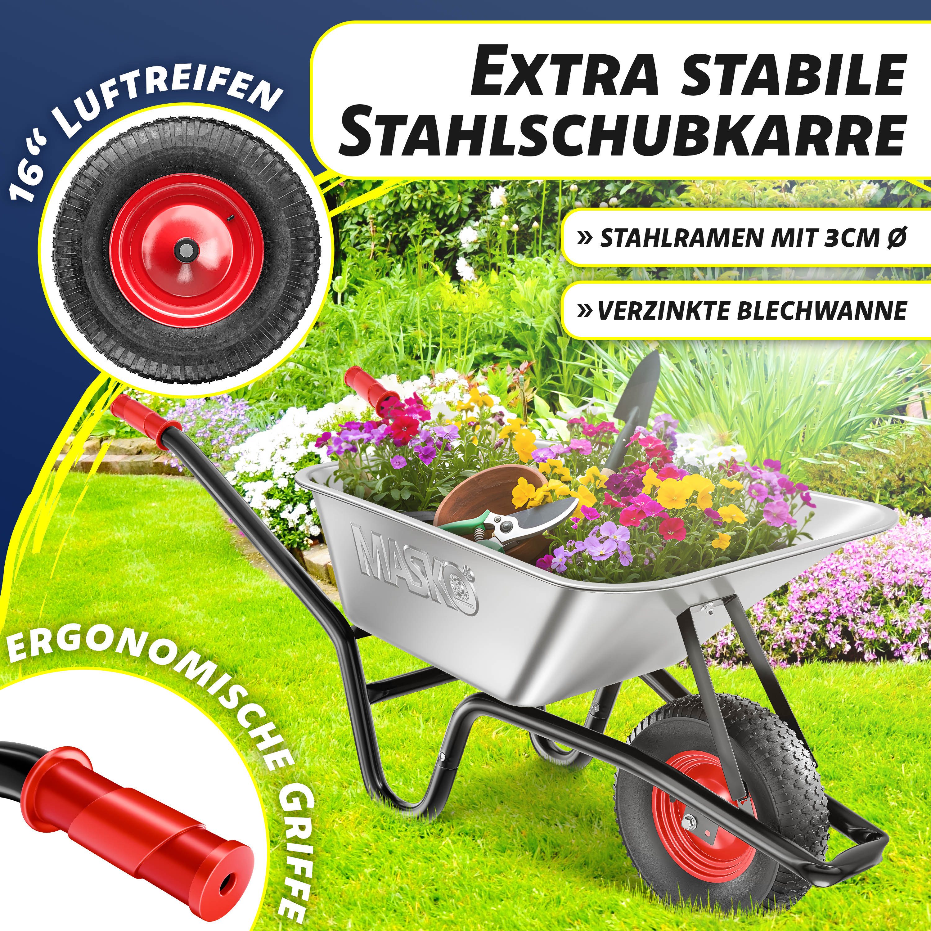 MASKO Schubkarre Bau- und Gartenschubkarre 100 Liter, mit Luftreifen und Stahlfelgen sowie einen Ersatzschlauch
