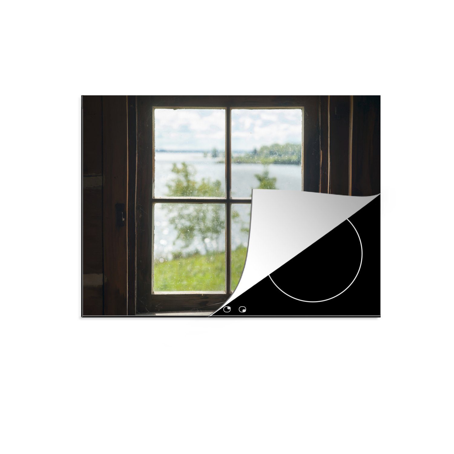 MuchoWow Herdblende-/Abdeckplatte Blick auf einen See aus dem Fenster einer Hütte, Vinyl, (1 tlg), 70x52 cm, Mobile Arbeitsfläche nutzbar, Ceranfeldabdeckung