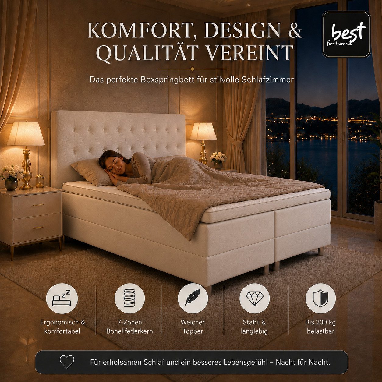 Best for Home Boxspringbett NEO bett mit 7-Zonen-Bonellfederkern und 5 cm Topper (Boxspringbett-Set, 6-St., Boxspringbett-Set inklusive Unterboxen, Matratzen, T – Bild 2 von 5