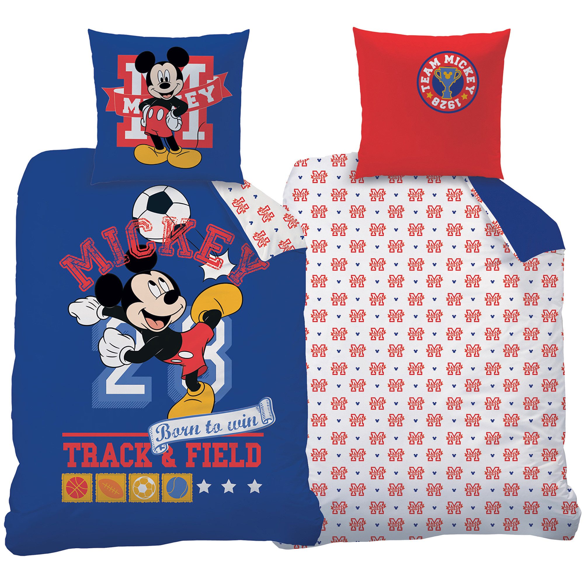 BERONAGE Kinderbettwäsche Mickey Mouse Fußball Bettwäsche Linon / Renforcé, 100% Baumwolle, 2 teilig, 135x200 cm + 80x80 cm mit Reißverschluss
