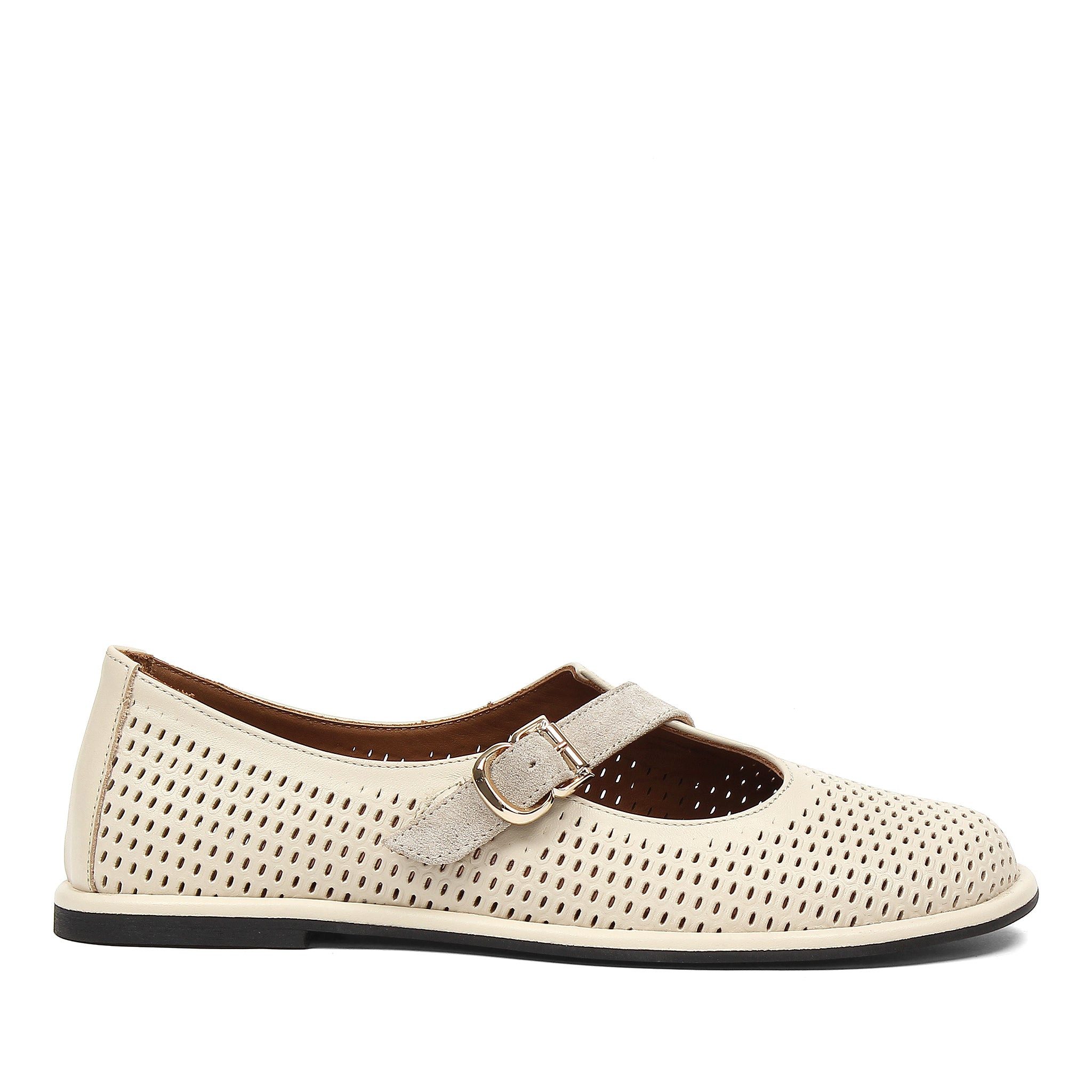 Celal Gültekin Mary Jane Perforiert Flach Schnalle Sommer Damen Mary-Jane-Schuhe Glattleder, Perforiert, Echtleder-Futter & Decksohle, Beige, 39