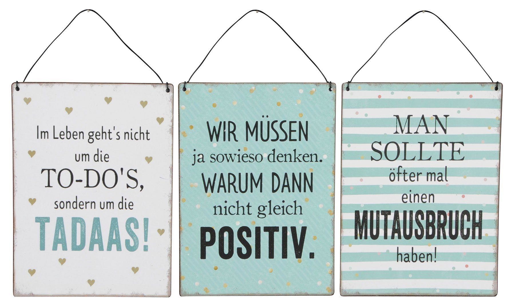 Levandeo® Wandbild, 3er Set Blechschilder H20cm Positiv Mutig Sprüche Grün Weiß