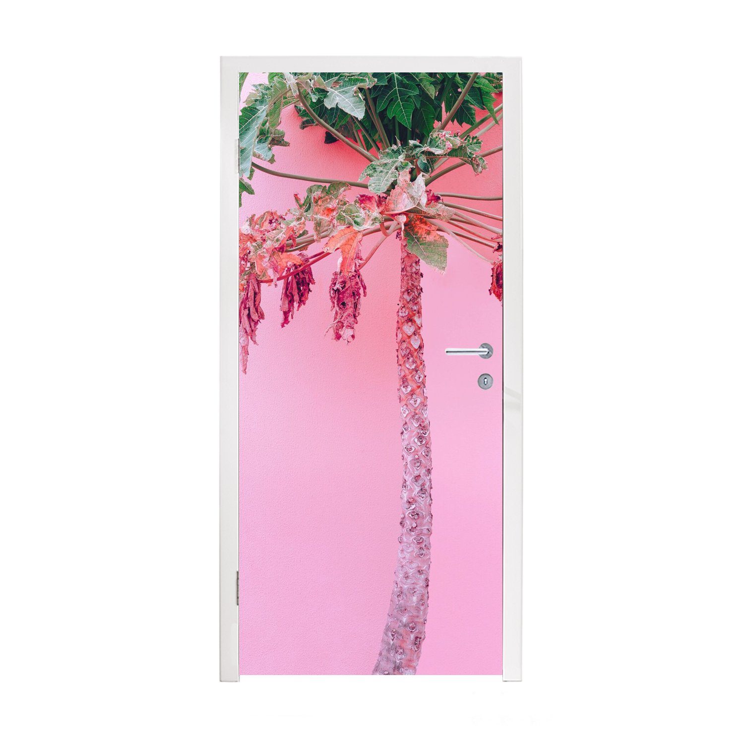 MuchoWow Türtapete Palme - Tropisch - Rosa - Sommer, Matt, bedruckt, (1 St), Fototapete für Tür, Türaufkleber, 75x205 cm