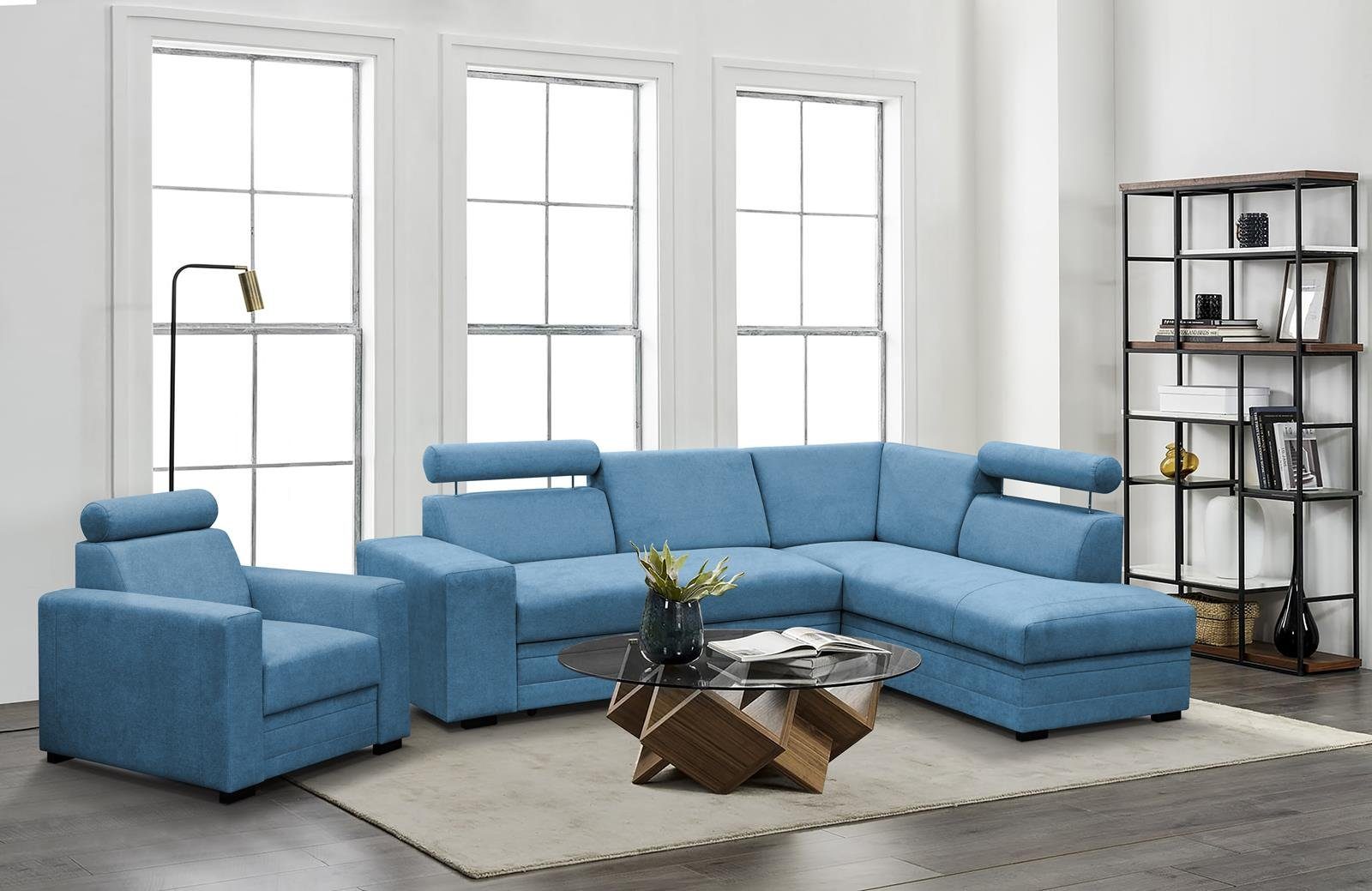 Beautysofa Ecksofa Blau verstellbare Polsterecke, Bettkasten, cm (vardo 87) Kopfstützen 250 L-Form breite Roma, Schlaffunktion