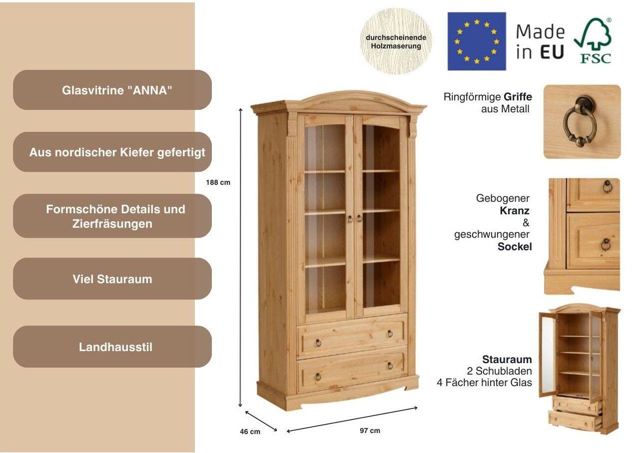 OTTO home Glasvitrine Anna (Gesamtmaße (B/T/H): ca. 97/46/188 cm) mit Glastüren, 2 Schubladen, Höhe 188 cm, aus massiver Kiefer, FSC®