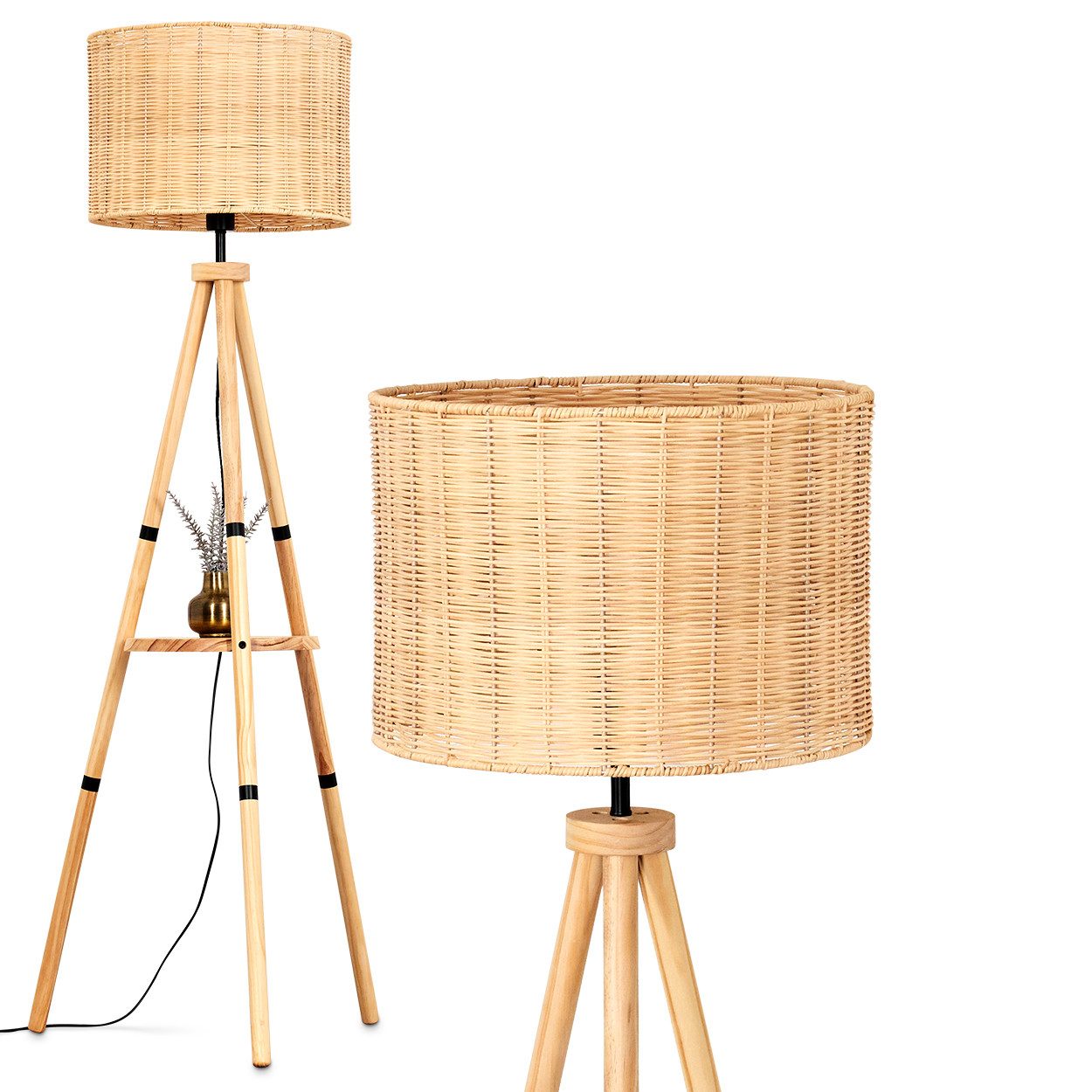 Stehlampe Stehlampe aus Holz/Rattan in Naturfarben, Leuchte im Boho-Style