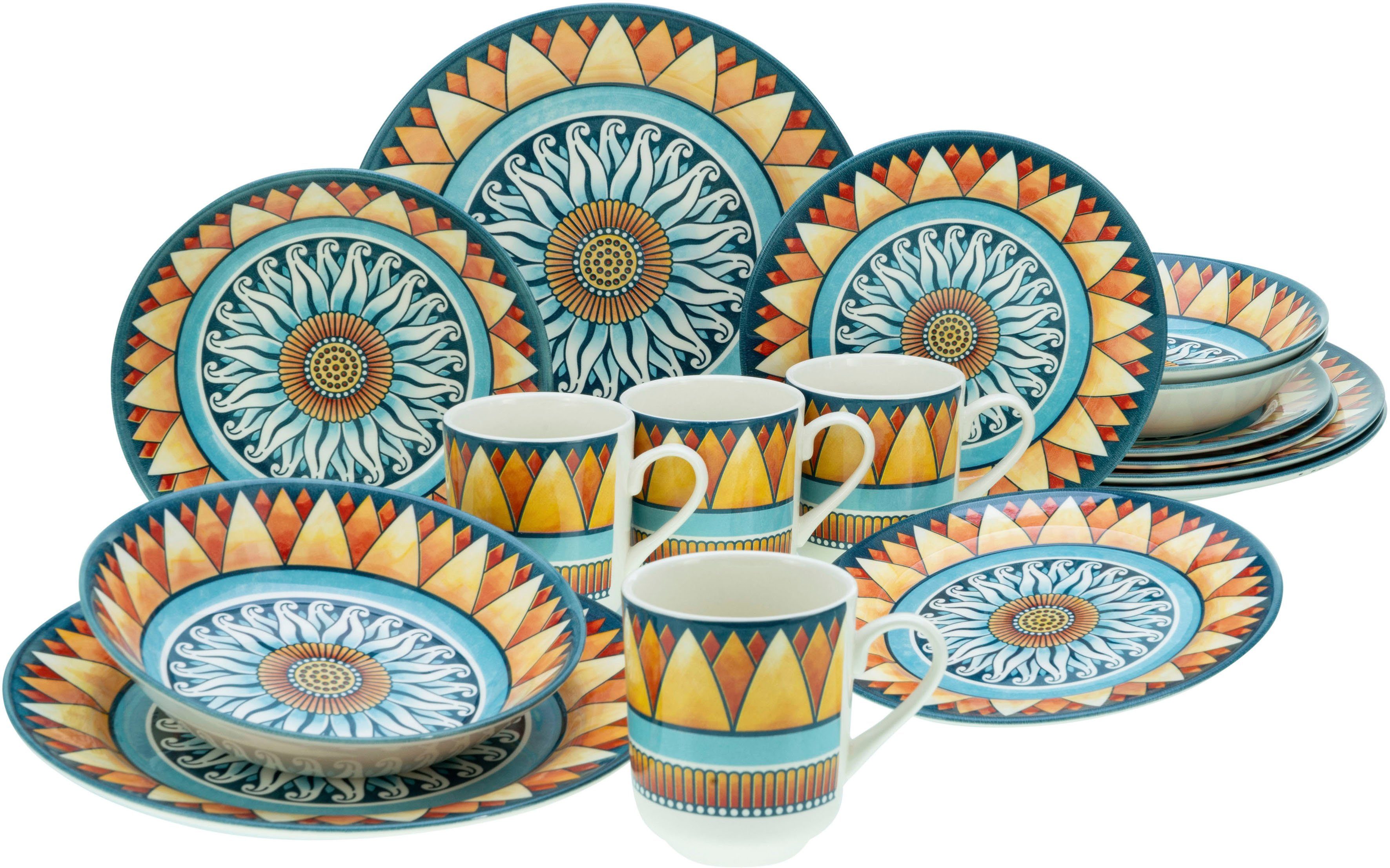 CreaTable Kombiservice Soleil (16-tlg), 4 Personen, Steingut, Sonnenmotiv