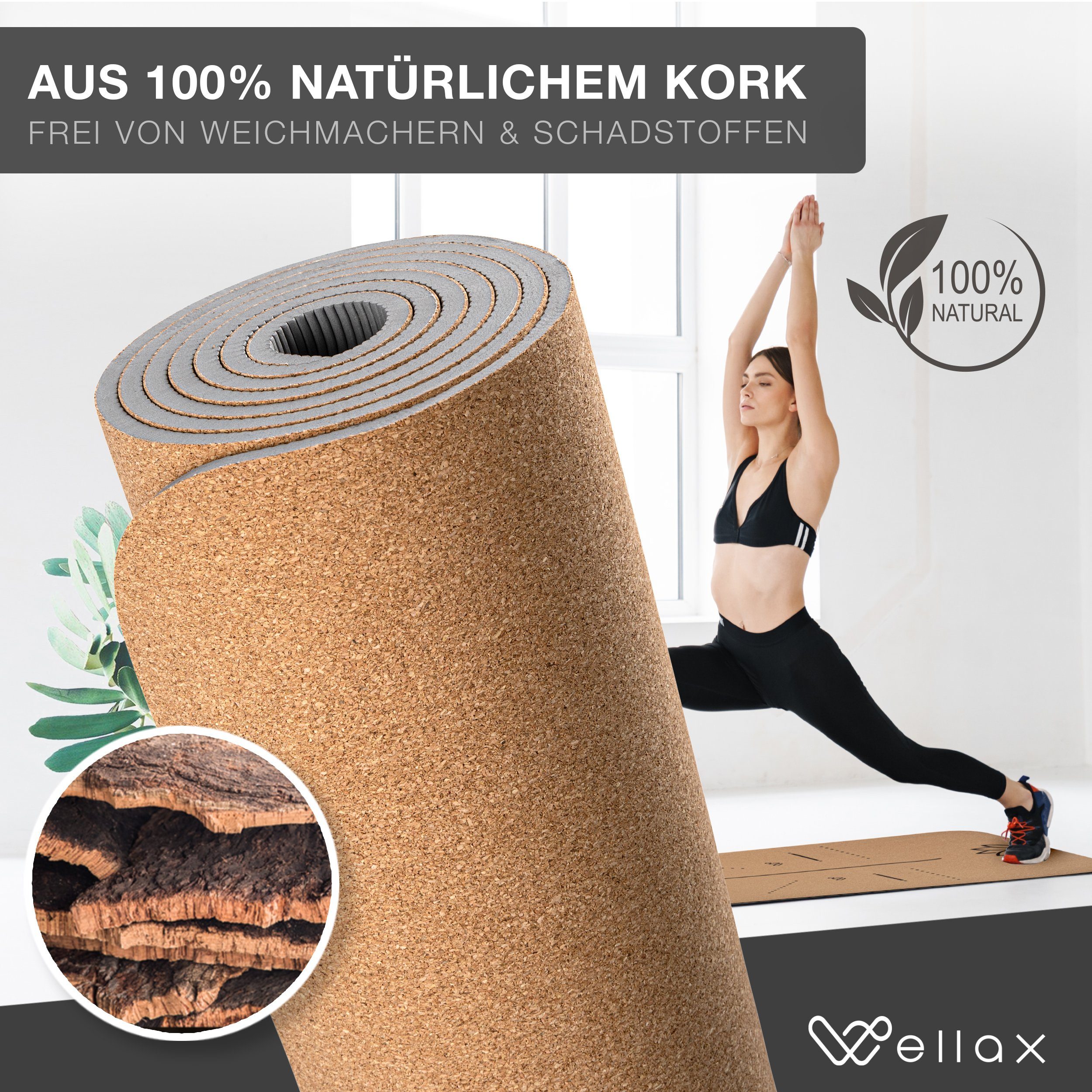 Wellax Yogamatte aus Kork - 100% natürliche Yogamatte, besonders dicke Sportmatte inkl. Tragegurt