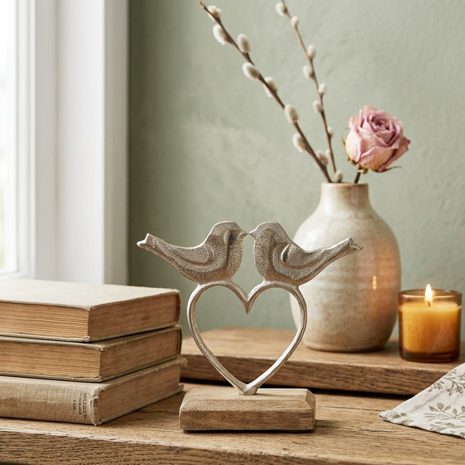 Macosa Home Dekofigur Herz mit Vögel auf Holzsockel 12 cm (Dekoherz Dekovögel, 1 St., Fensterbank-Dekoration Wohndekoration), Metallherz Dekoherz Metall Figur