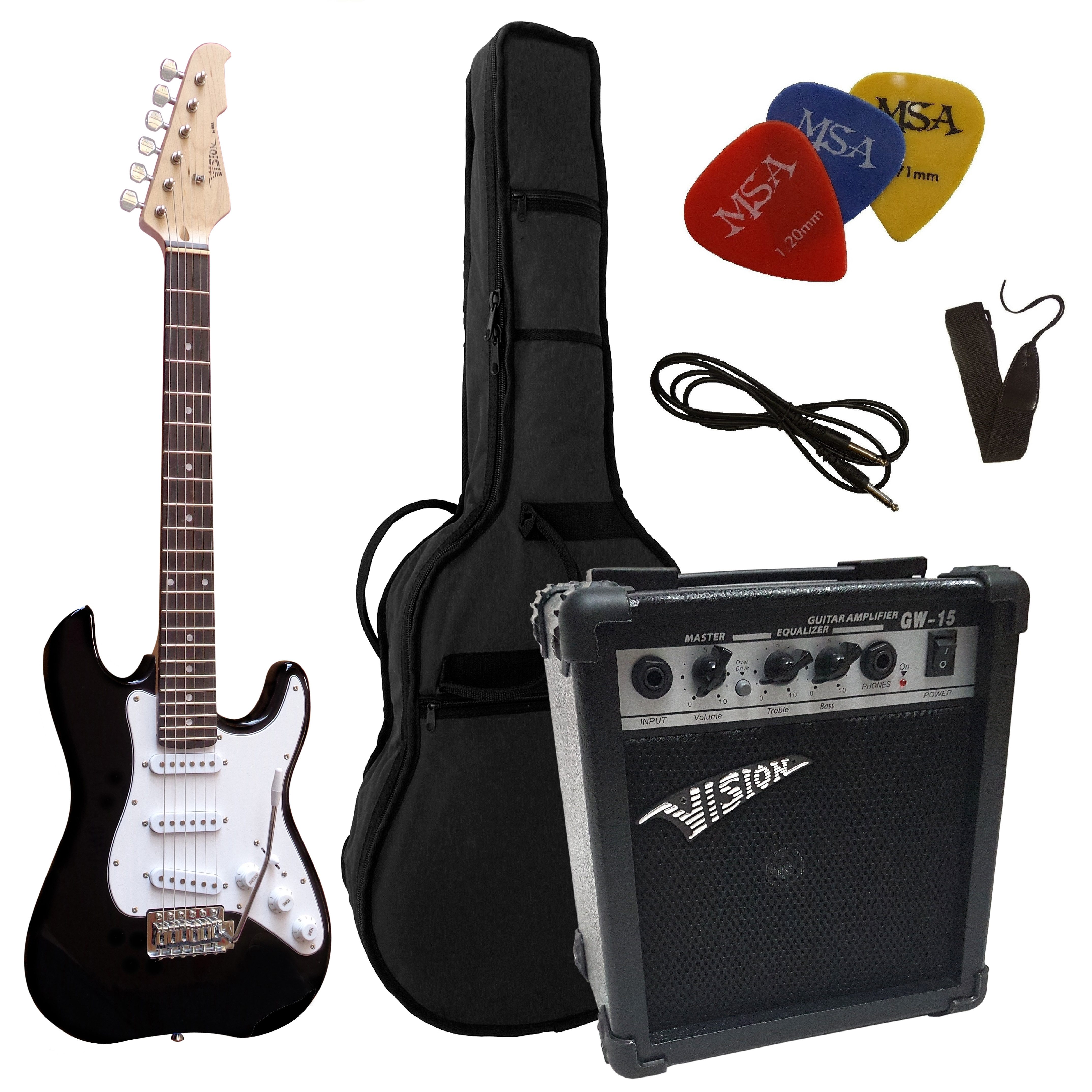 MSA E-Gitarre 3/4 Junior Gitarre im 20 Watt Set, Set mit Tasche, Band, 3xPleks, Kabel