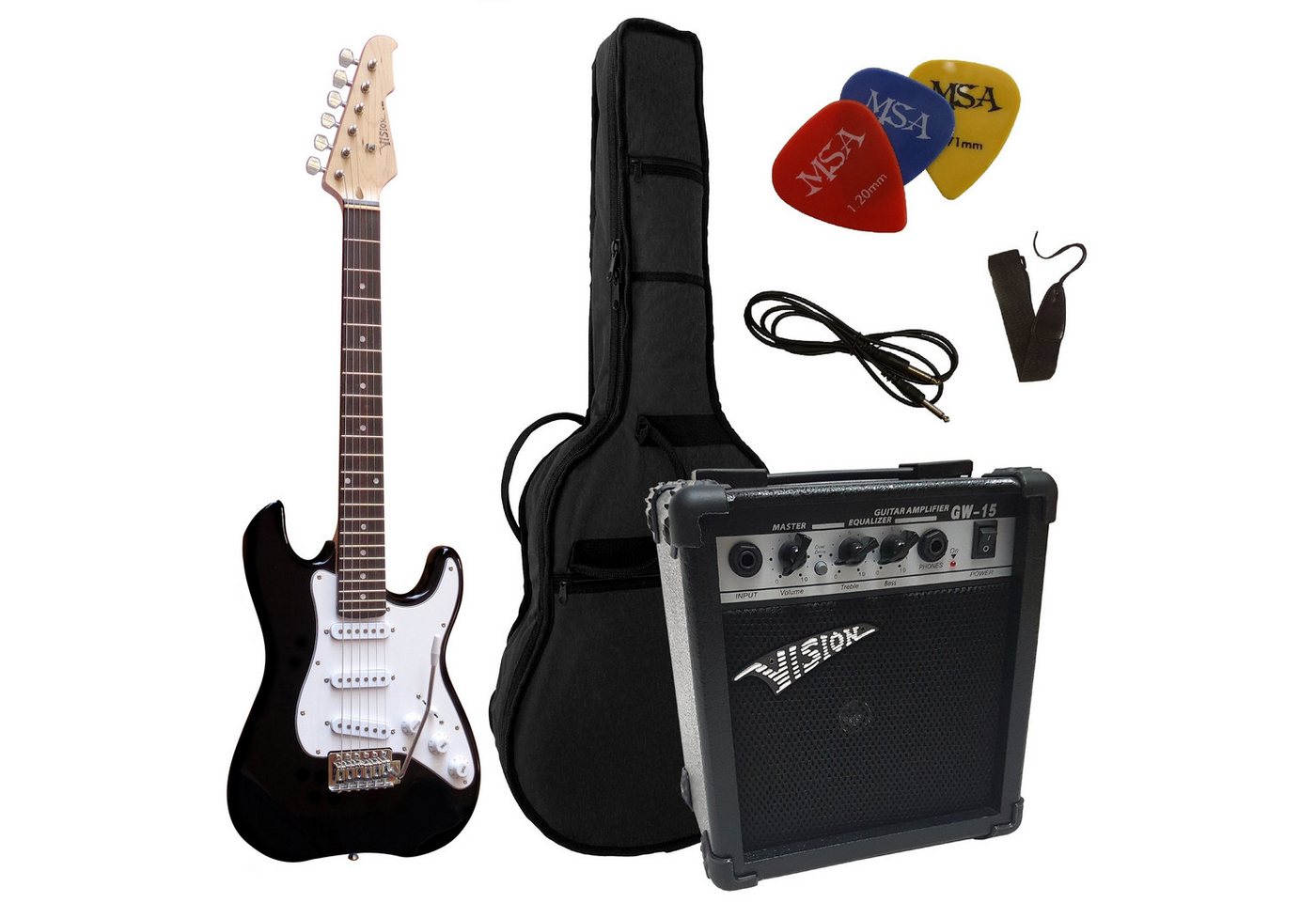 MSA E-Gitarre 3/4 Junior Gitarre im 20 Watt Set, Set mit Tasche, Band, 3xPleks, Kabel