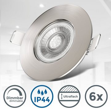 B.K.Licht LED Einbauleuchte BK_EL1283 LED Bad Einbaustrahler, 6er Set, Dimmbar, Ultra Flach, IP44, LED fest integriert, Warmweiß, Ø6,8cm Lochbohrung, Ø9cm, Matt-Nickel, 5W, 460Lm, 3000K Warmweiß