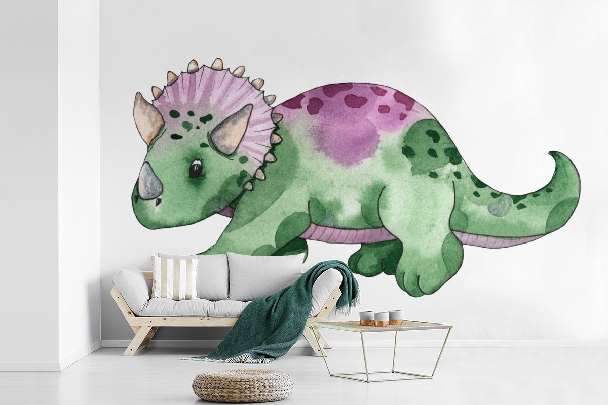 Vinyl Wallpaper Mädchen Schlafzimmer, Wohnzimmer, (6 Grün Dinosaurier - bedruckt, Tapete für - Fototapete MuchoWow St), Jungen Kinderzimmer - - Kinder, Matt, Kinderzimmer, -