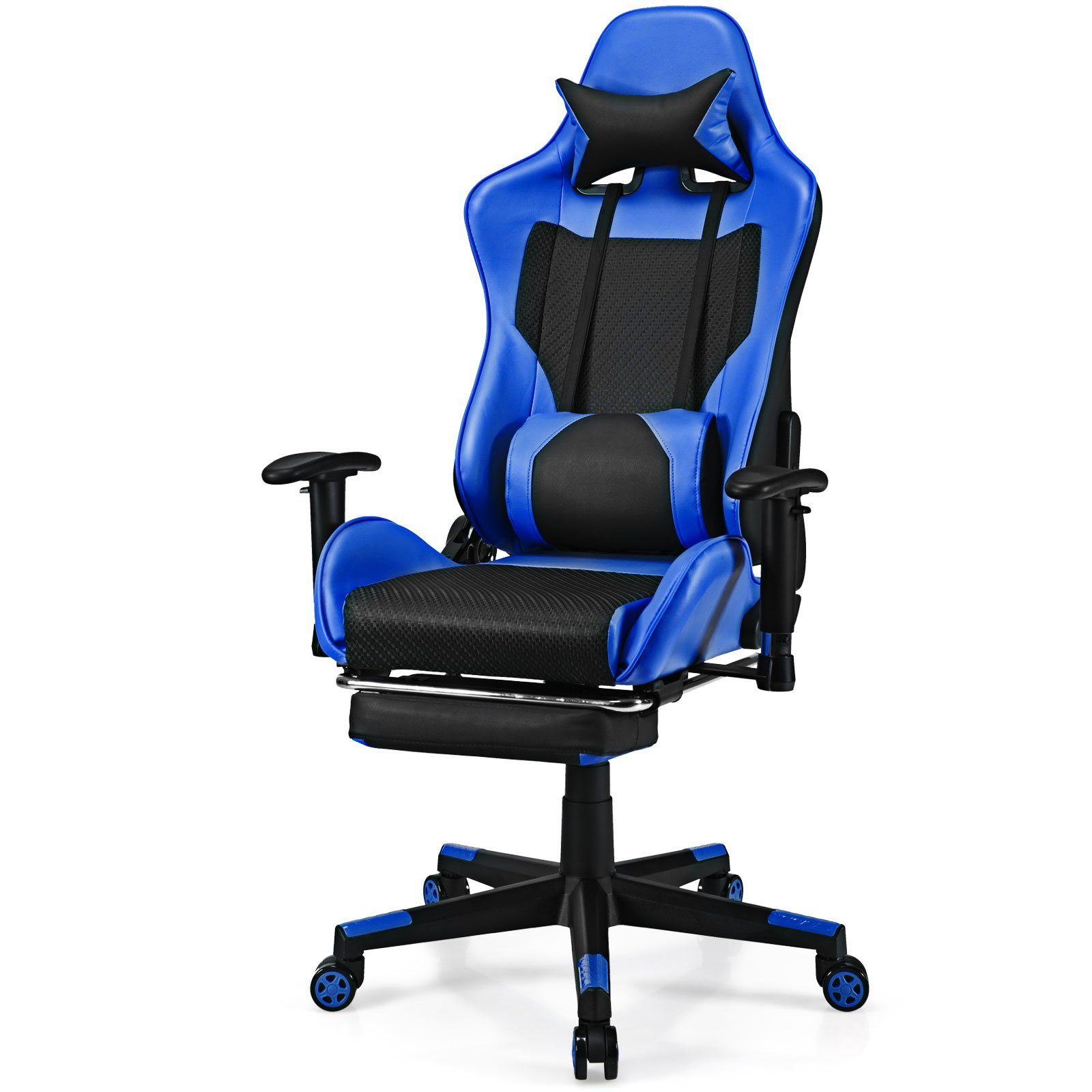 Gaming Stuhl PC-Stuhl Bürostuhl mit Einziehbarer Fußstütze Lendenkissen  Blau - Costway