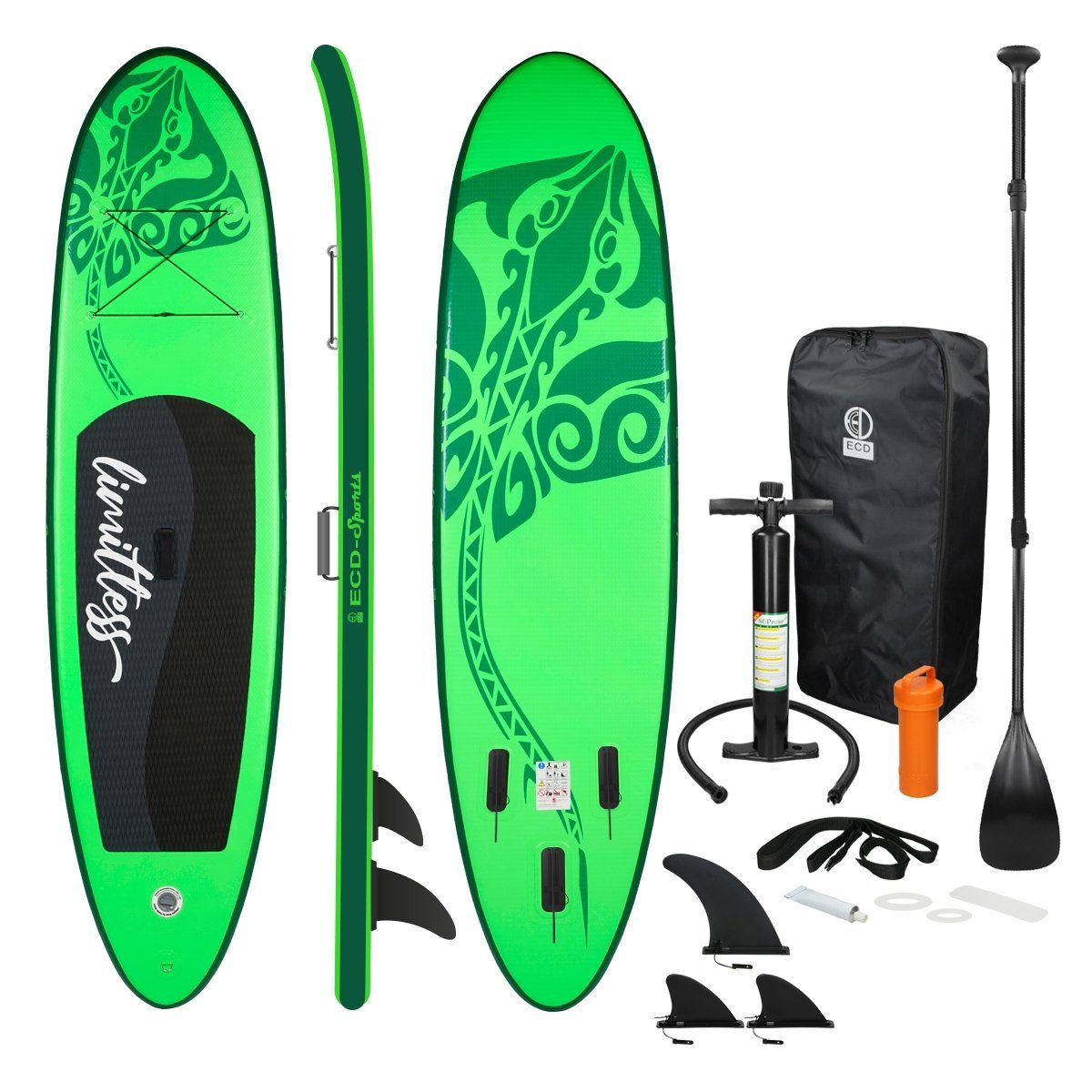 ECD Germany SUP-Board Paddle Pumpe Grün Limitless Up PVC bis Tragetasche Stand Zubehör Aufblasbares Board Surfboard, 120kg 308x76x10cm