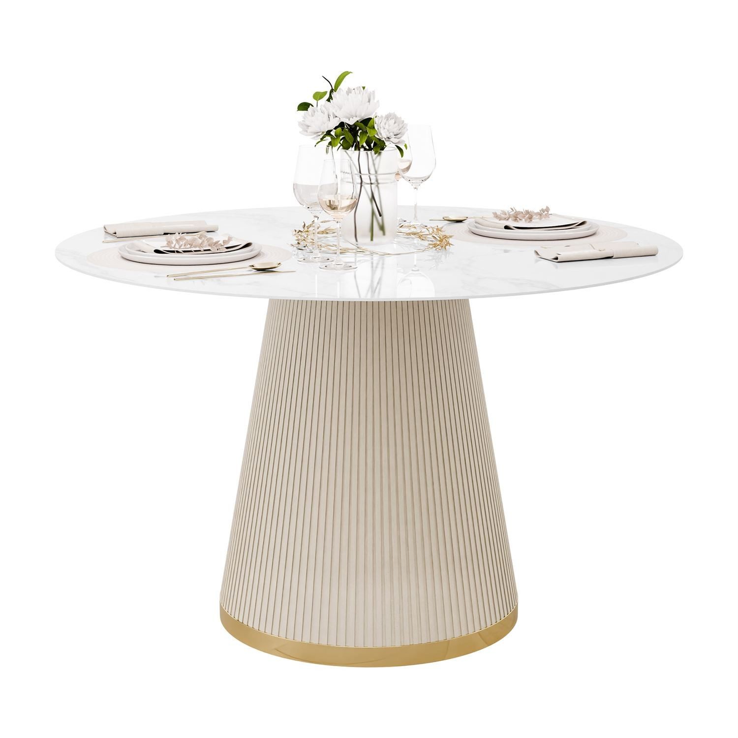 ALLHOUSE24 Esstisch VELORA Ø120 cm – Keramikplatte Hochglanz, Säulenfuß mit Goldring (1 Tisch), Durchmesser: ⌀120 cm