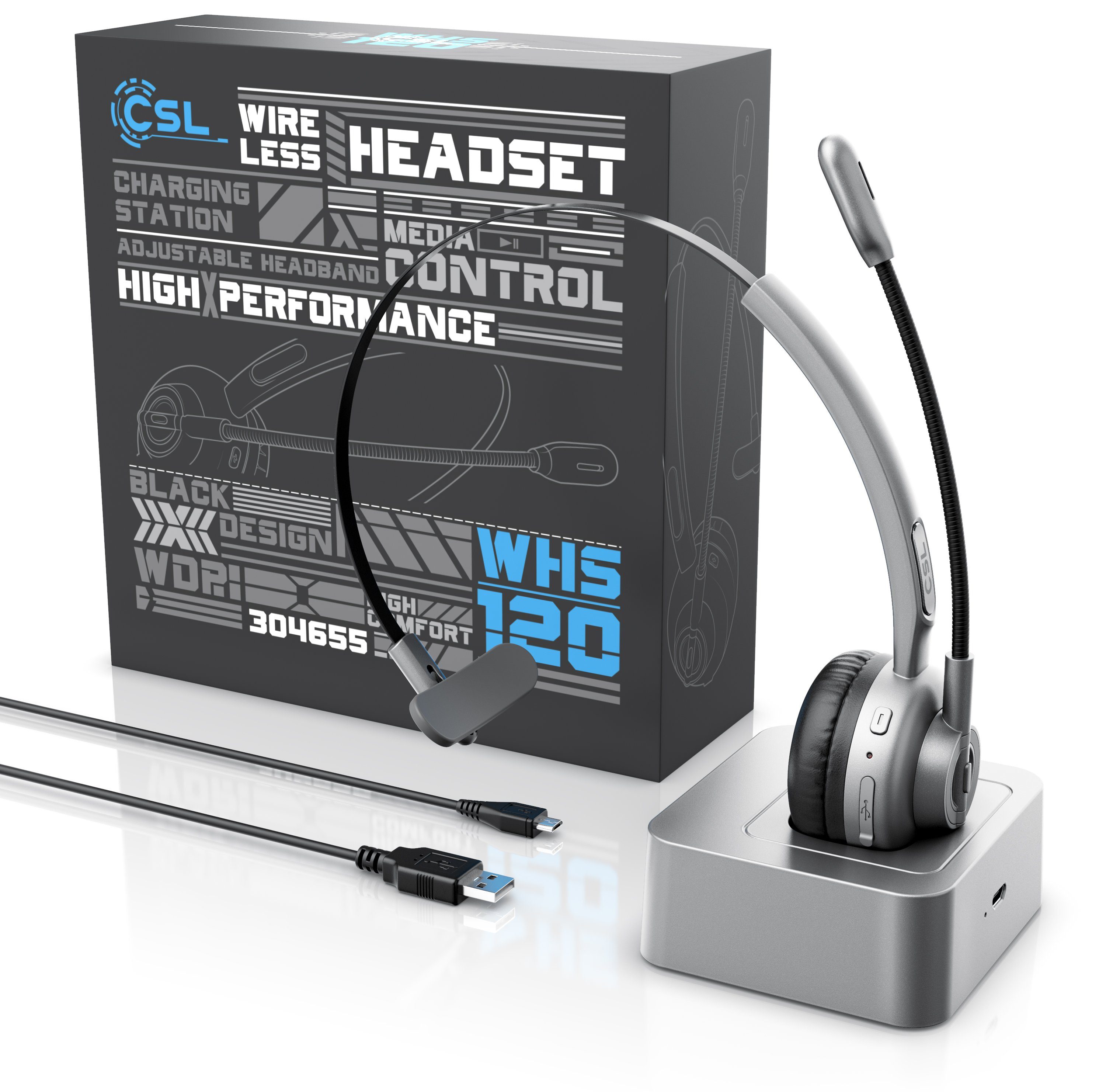 CSL Wireless-Headset (Bluetooth, Mono, Bluetooth, Ladestation, Kopfhörer mit flexiblem Mikrofon)