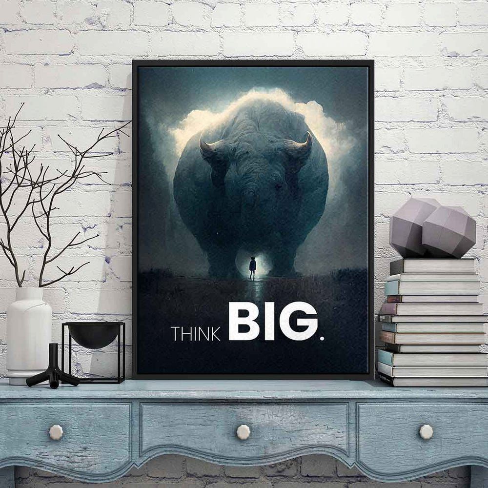DOTCOMCANVAS® Leinwandbild, Premium Motivationsbild Rahmen Nashorn - - Synergy silberner Think Big