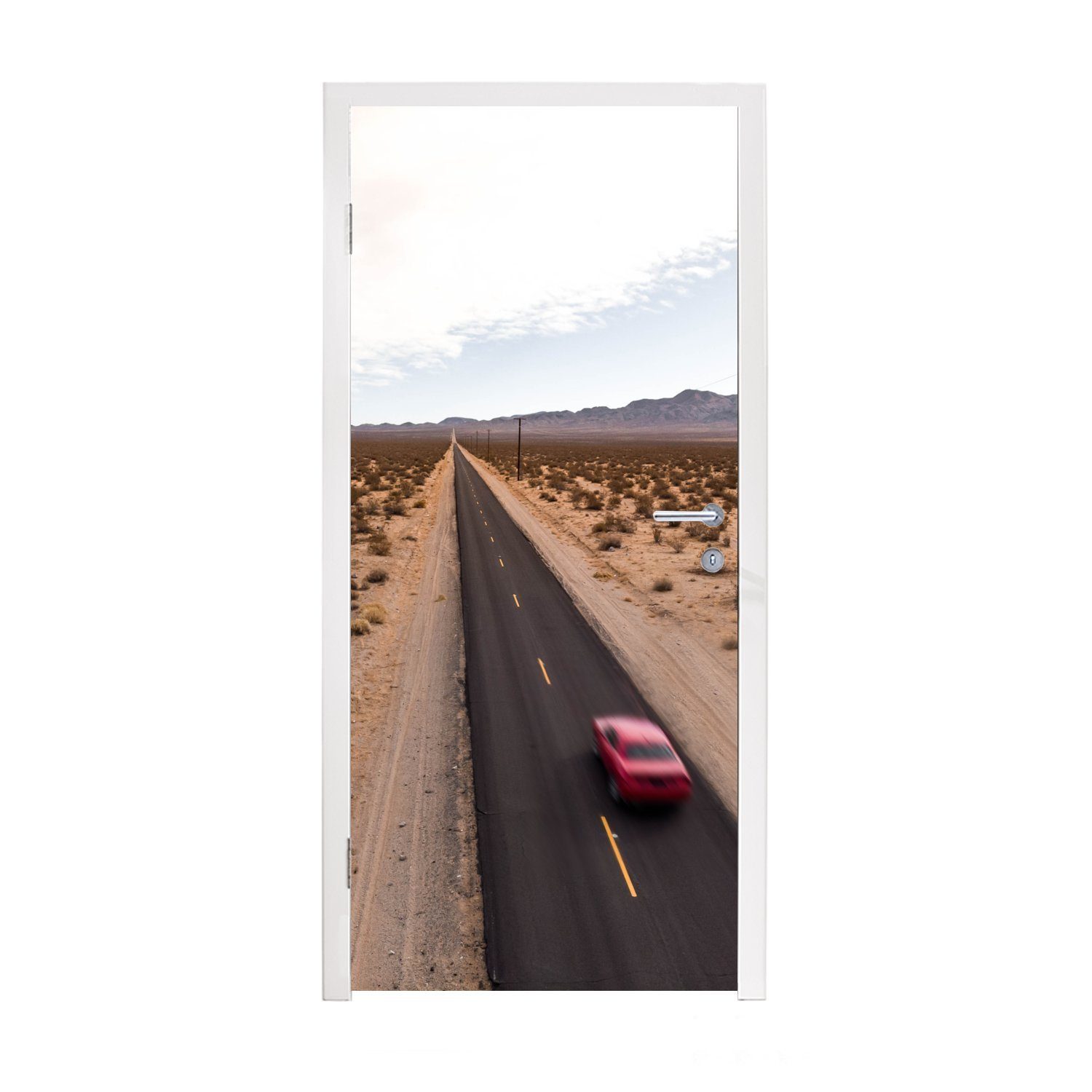 MuchoWow Türtapete Rotes Luxusauto Fototapete cm der 75x205 bedruckt, 66 (1 fährt für in St), Tür, Route Kalifornien, Türaufkleber, auf Matt