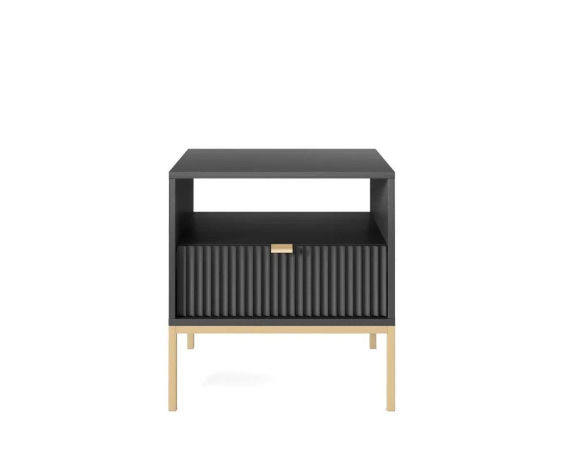Deine Меблі 24 Nachttisch NOVO S54 54/56/39 cm Nachtkommode Weiß Grau Schwarz Premium (Set, 2-St., Schlafzimmer Goldene Griffe), geriffelte Fronten mit Schublade