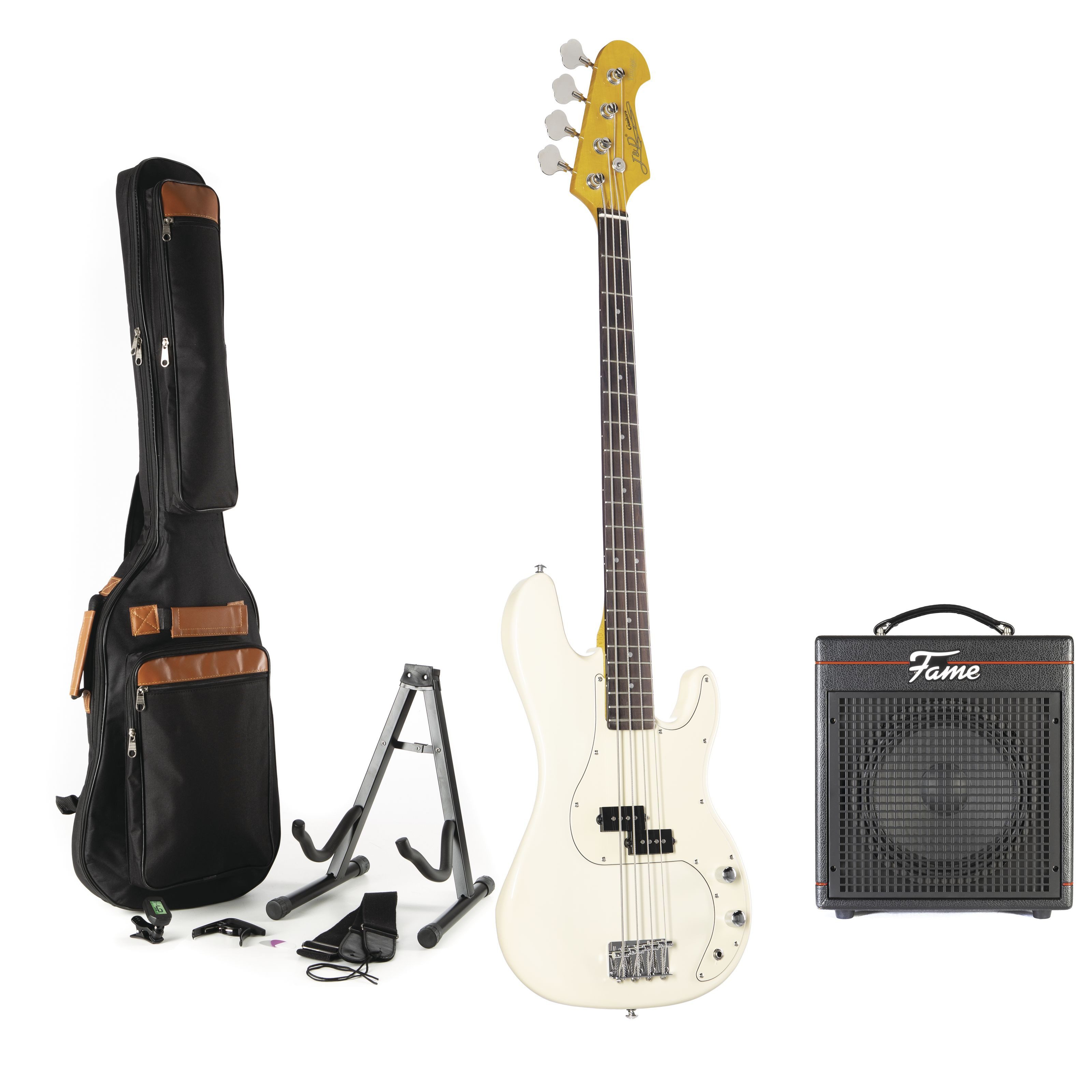 J & D E-Bass, E-Bass Set aus P Bass Vintage White 30 Watt Bass Combo mit 10 Zoll Lautsprecher Gigbag 3 Meter Instrumentenkabel Stimmgerät Gitarrengurt, Электрические басы, Bass-Sets, E-Bass Set, P Bass Vintage White, 30 Watt Bass Combo