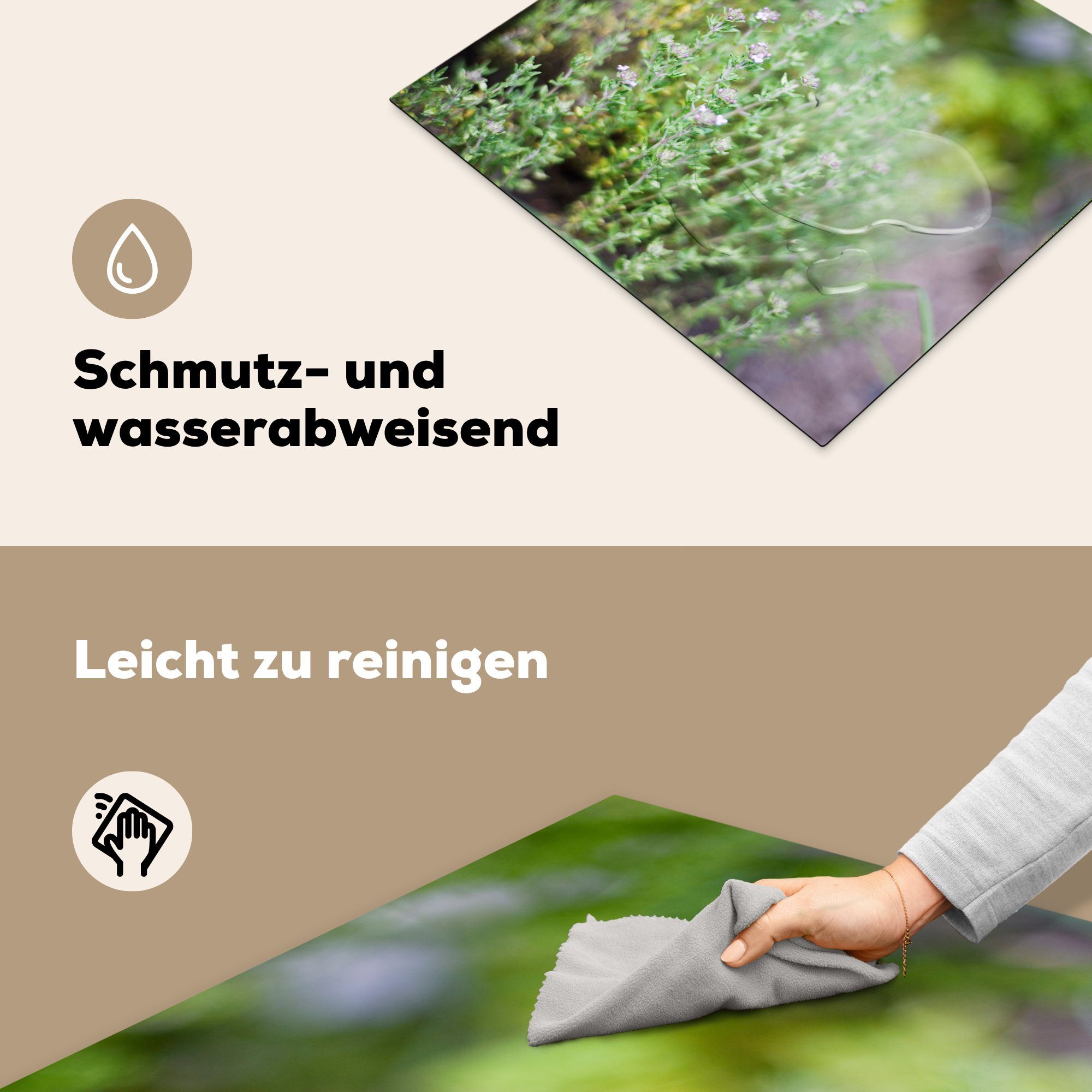 Induktionsmatte Vinyl, Garten, in für (1 cm, einem MuchoWow wachsenden Nahaufnahme die tlg), von Thymianpflanzen 59x52 küche, Herdblende-/Abdeckplatte Ceranfeldabdeckung hübschen