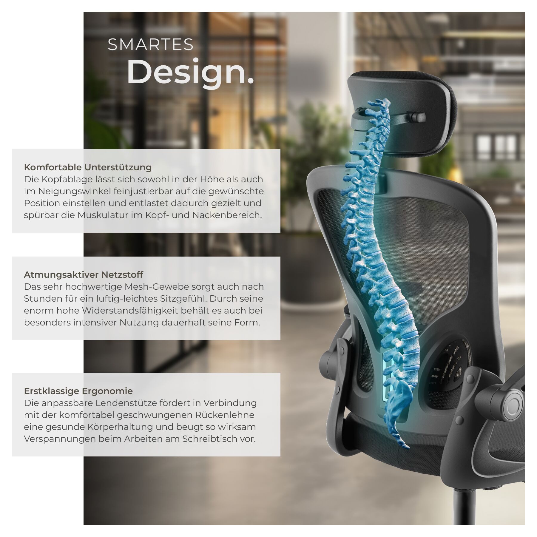 tectake Drehstuhl Ergonomischer Bürostuhl mit Kopfstütze und Lordosenstütze (Schreibtischstuhl Arges, 1 St), Netzbezug, klappbare Armlehnen, Wippfunktion, 150 k – Bild 4 von 5