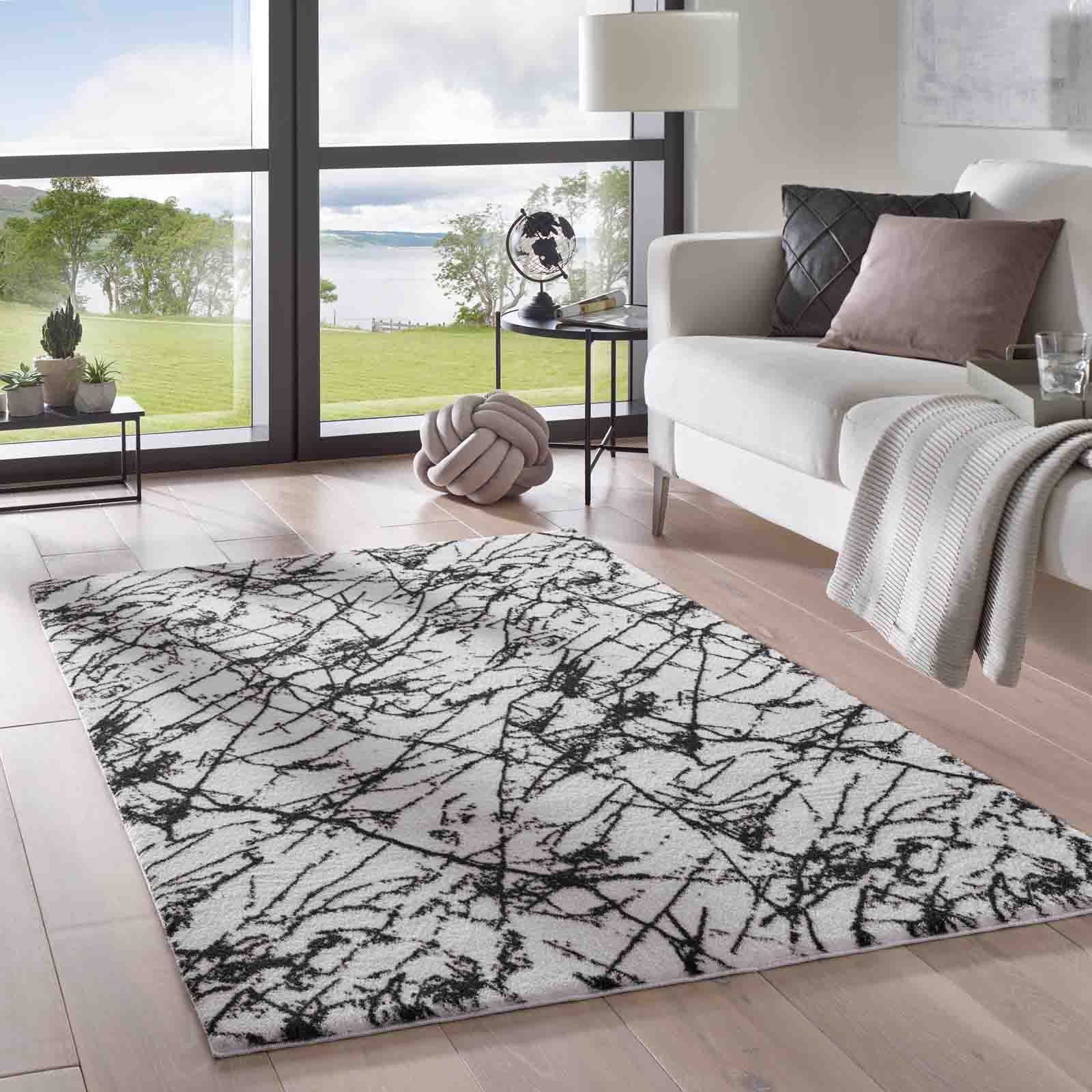 Teppich Supersoft Kurzflorteppich Valetta Marmor, TaraCarpet, rechteckig, Höhe: 19 mm, modern marmoriert waschbar Wohnzimmer Schlafzimmer Badezimmer 050x080 weiß schwarz