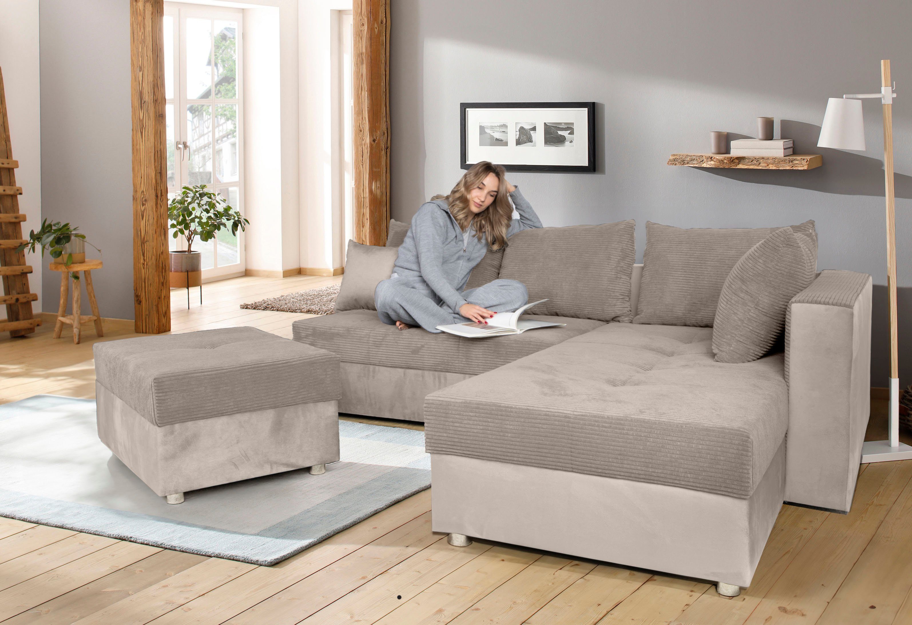 COLLECTION AB Ecksofa Italia L-Form, mit Bettfunktion und Bettkasten, in Cord-Samt Mix