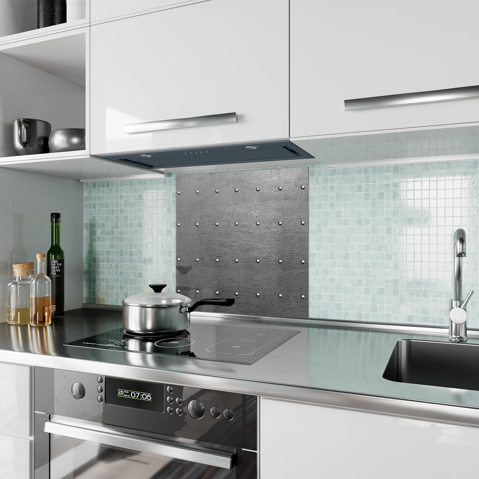 Küchenrückwand auf mit Spritzschutz Nieten Küchenrückwand Motiv Metall Primedeco Glas