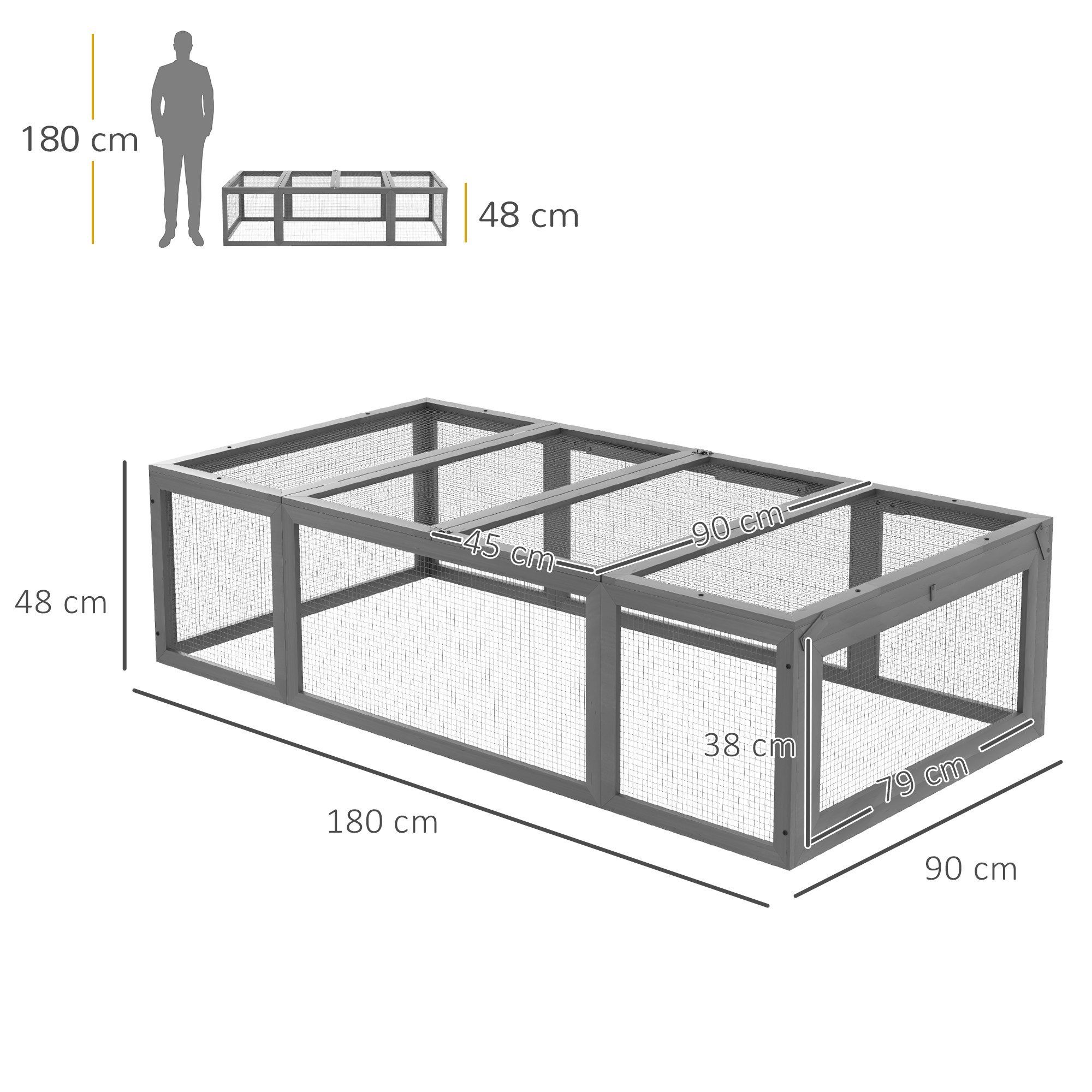 PawHut Kleintierstall Hasenstall Kaninchenstall aus Tannenholz Winterfest, 180 x 90 x 48 cm, für Hasen, Kaninchen, Meerschweinchen, Grau