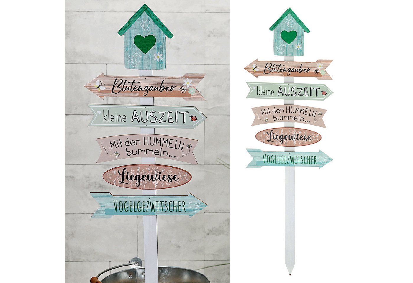 CEPEWA Gartenstecker Gartenschild Wegweiser Holzschild 76cm grün rosa 5 Planken Vogelhaus