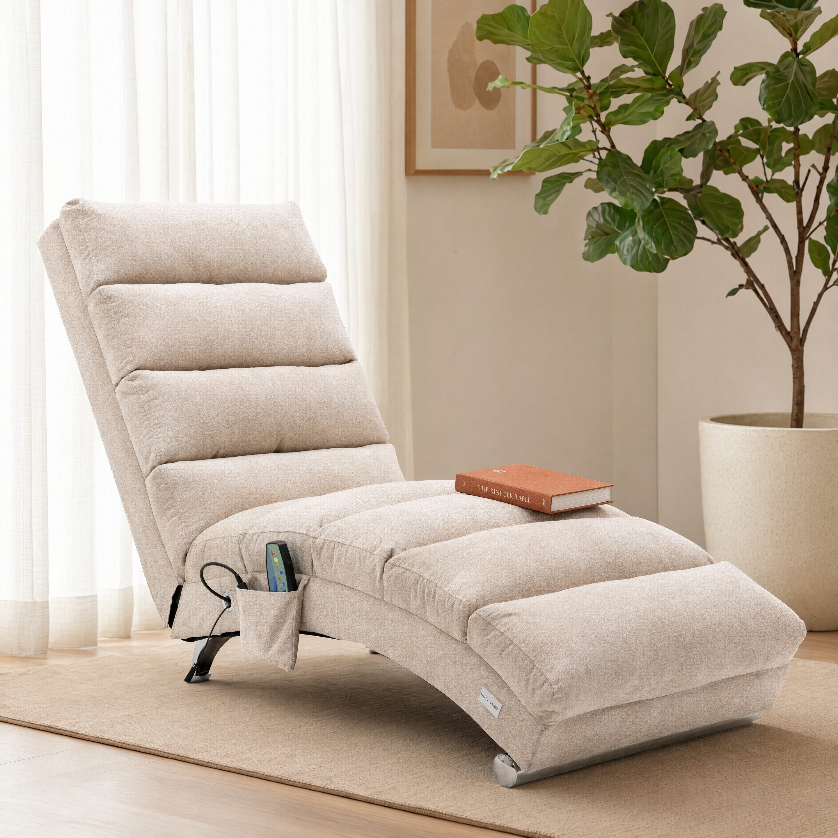 Totnz Relaxliege mit Massagefunktion, Leinenbezug, ergonomische Rückenlehne 140°, gepolstert mit Knopfheftung, Seitentasche, stabiler Holzrahmen & Stahlbeine