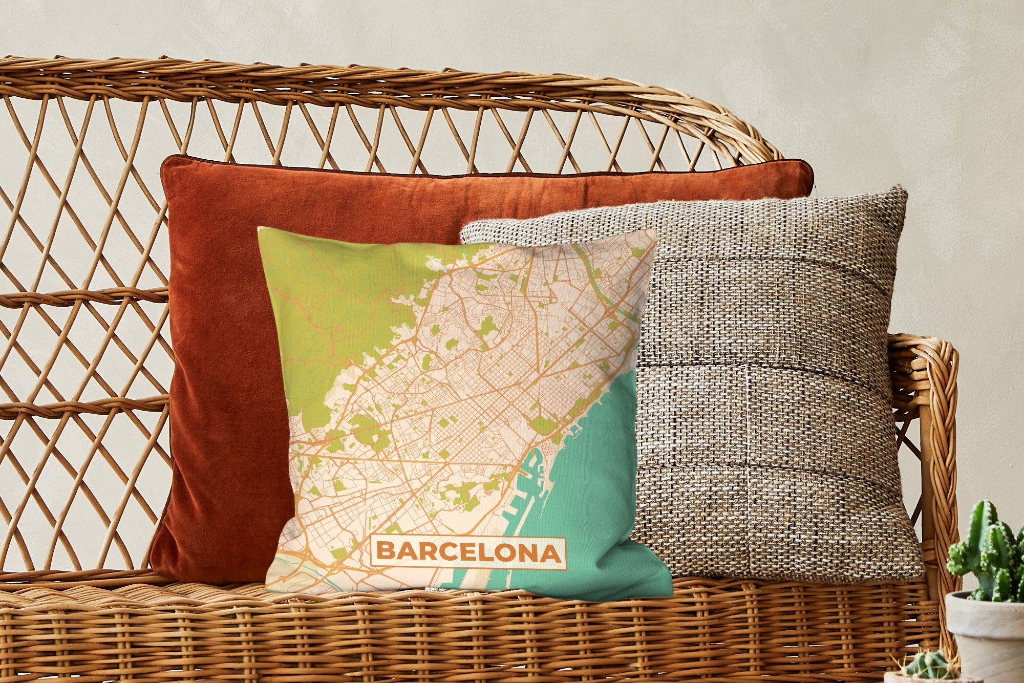 MuchoWow Dekokissen Karte - Deko, Wohzimmer, Barcelona für Stadtplan mit - Schlafzimmer, Zierkissen Füllung Vintage, Sofakissen 