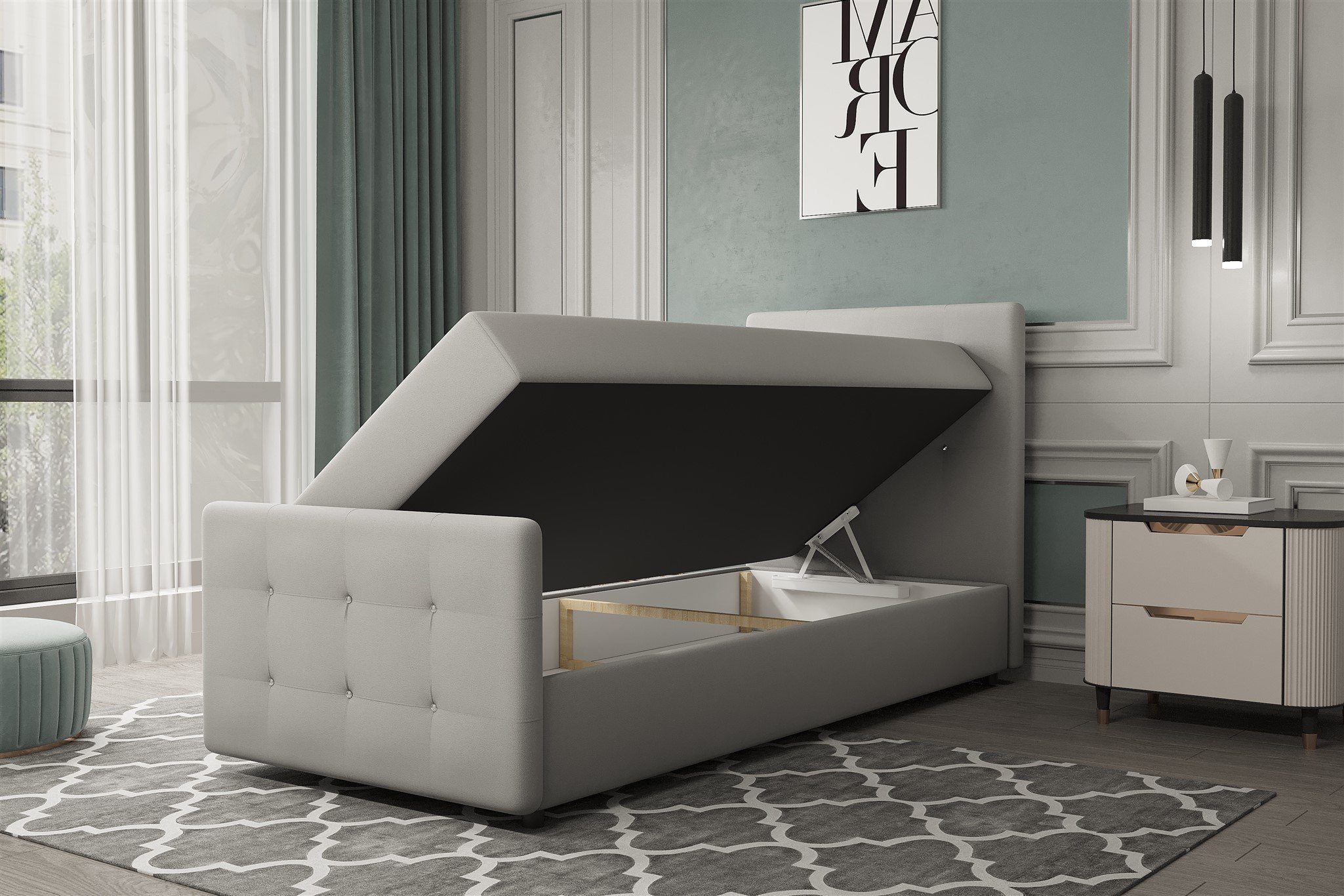 Fun Möbel Boxbett Gästebett MARKOS Überlänge in Stoff Soro (Liegefläche in Stoff und Farbe des Bettes, inkl. Bettkasten ohne Topper), Strasssteine in Kopf- und Fußteil